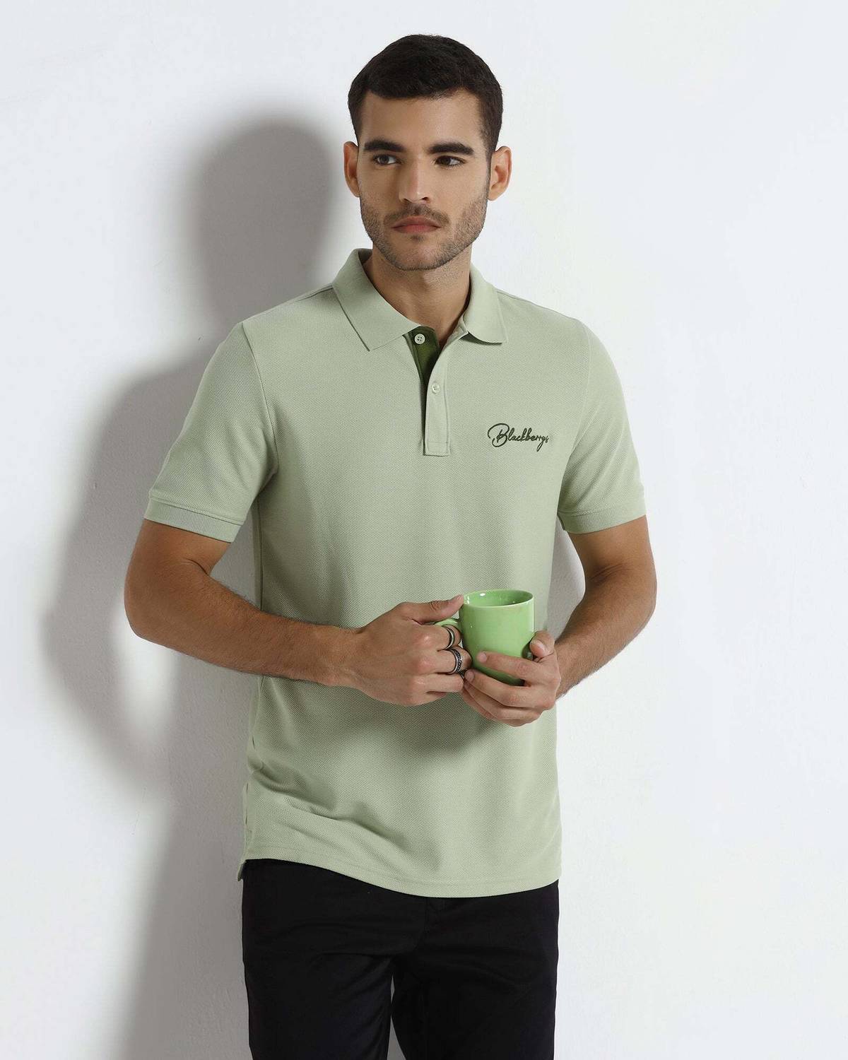 Blackberrys Solid Men Polo Neck Green T-Shirt