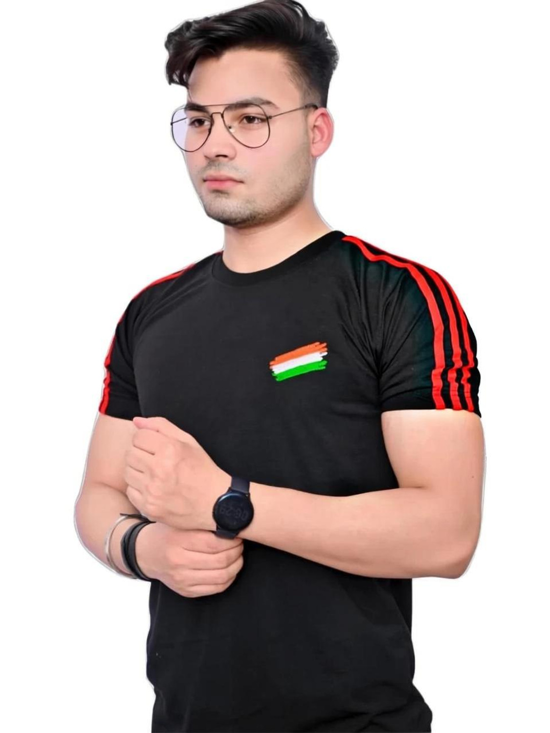Image of shri radhe Military Camouflage Men Round Neck Black, Red T-Shirt