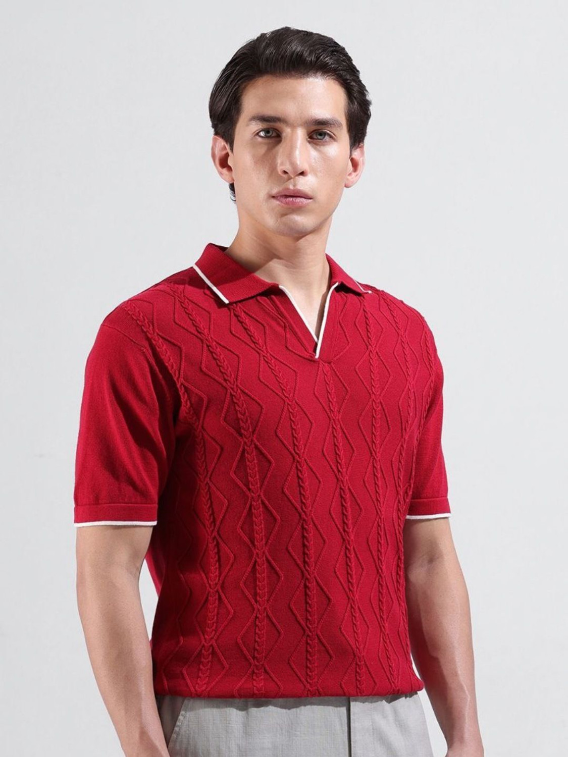 Image of The Indian Garage Co. Self Design Men Polo Neck Maroon T-Shirt