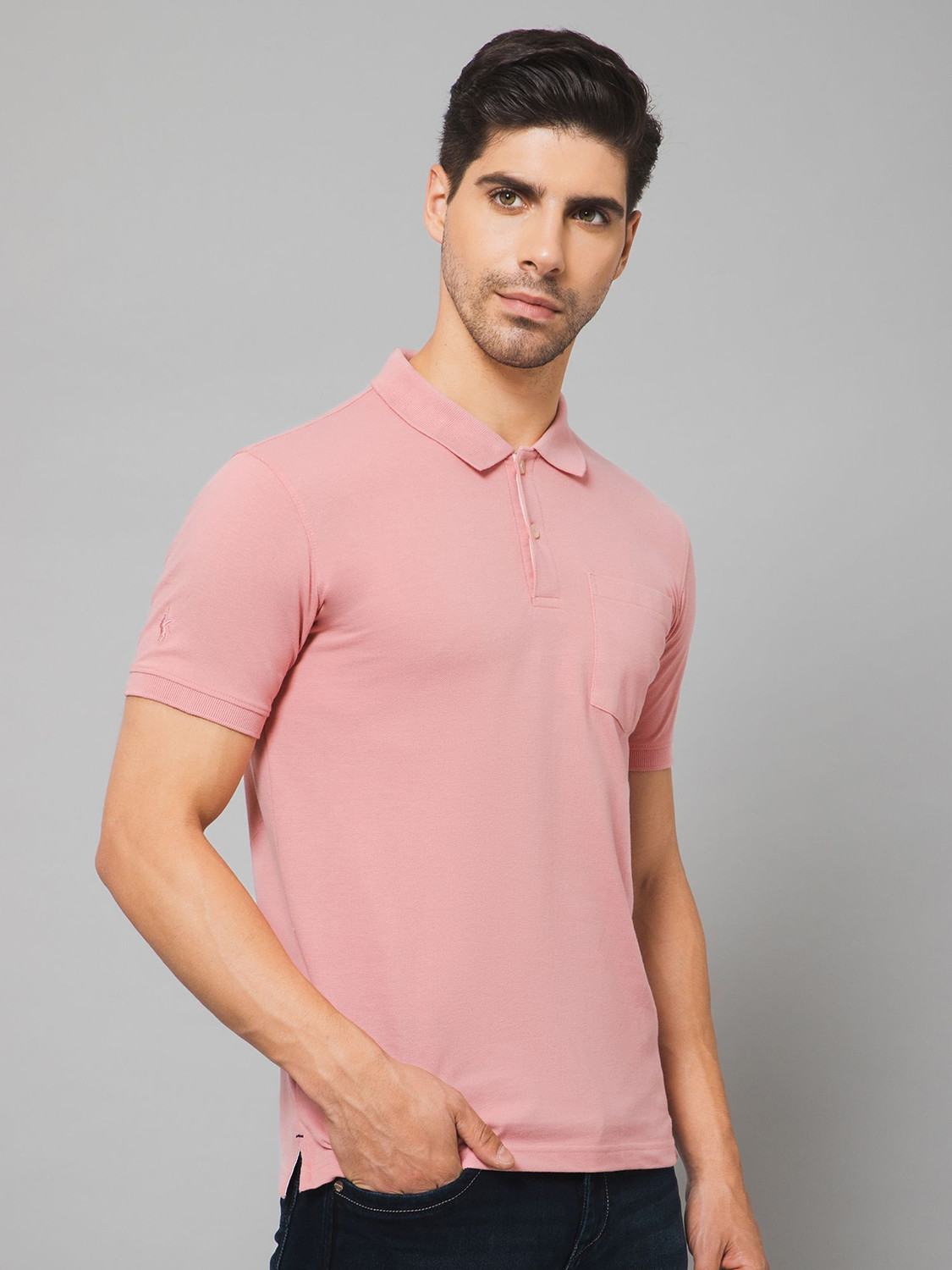 Image of CANTABIL Solid Men Polo Neck Pink T-Shirt