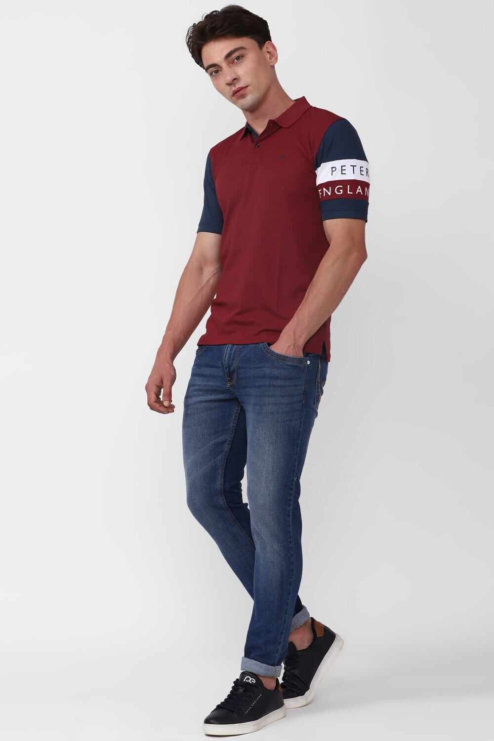 Image of PETER ENGLAND Solid Men Polo Neck Maroon T-Shirt