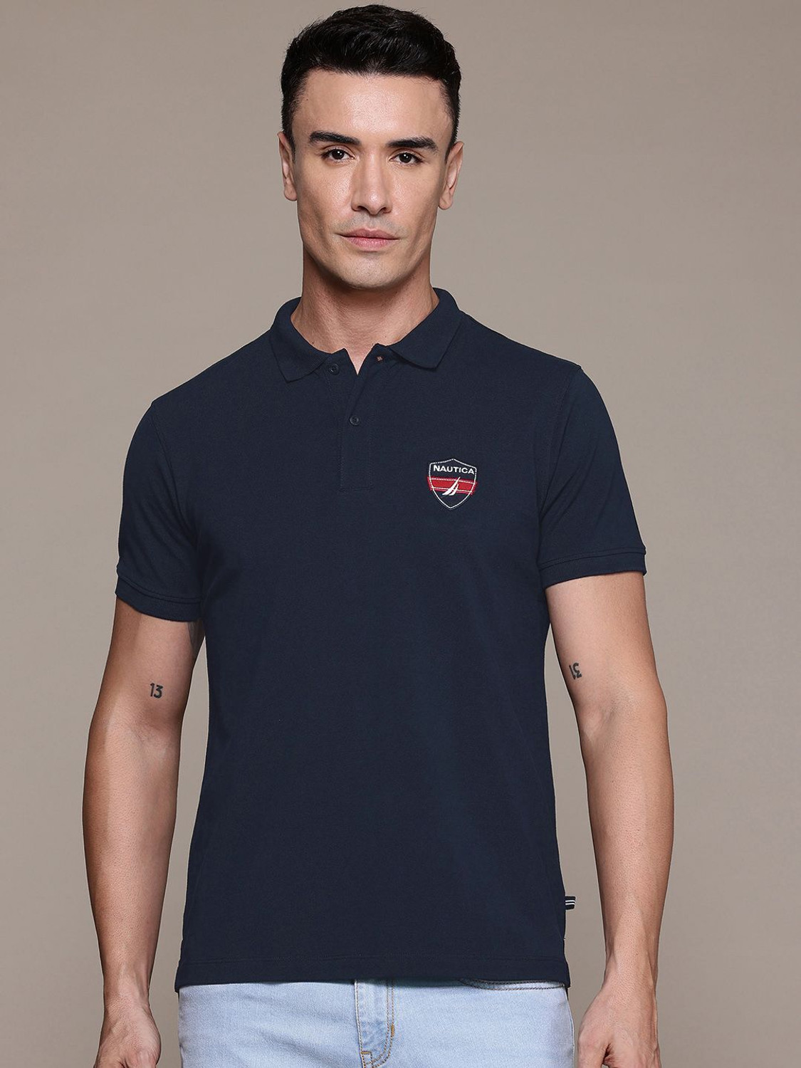 Image of NAUTICA Solid Men Polo Neck Blue T-Shirt