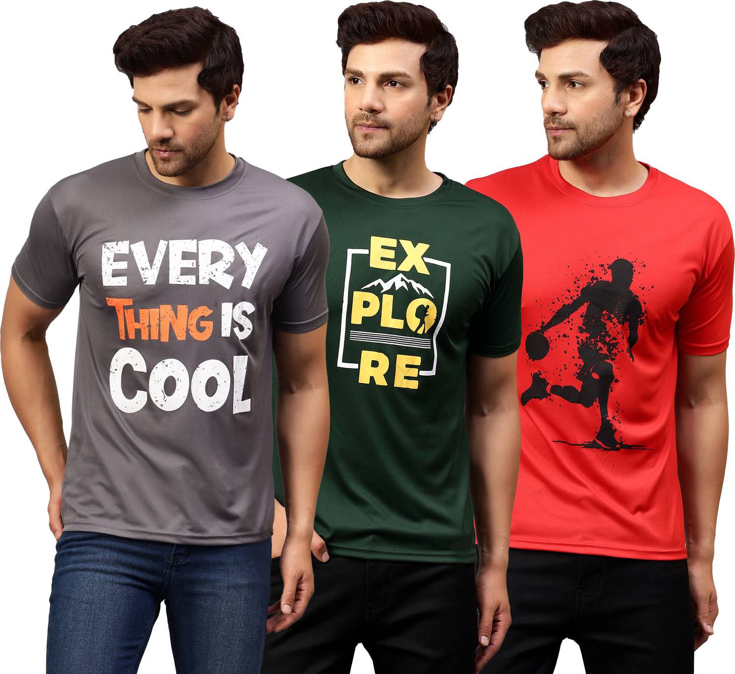 Garmin Pack of 3 Men Printed Round Neck Polyester Multicolor T-Sh