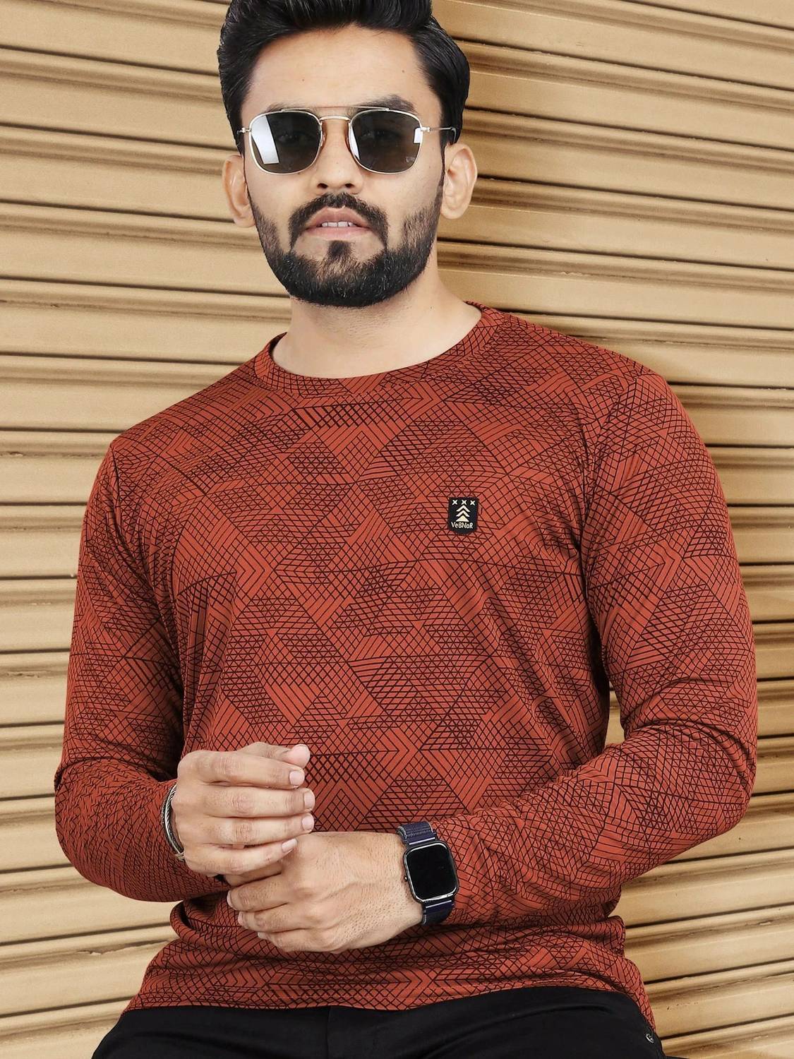 VeBNoR Men Abstract Round Neck Polycotton Orange T-Shirt
