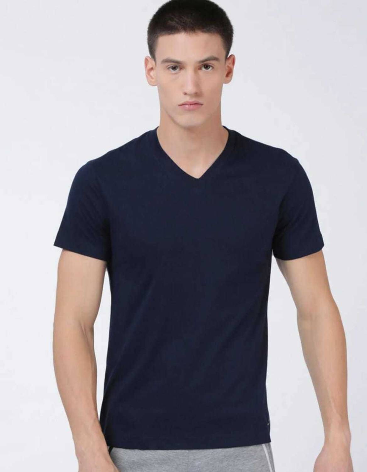Smart Colors Men Solid V Neck Cotton Blend Navy Blue T-Shirt