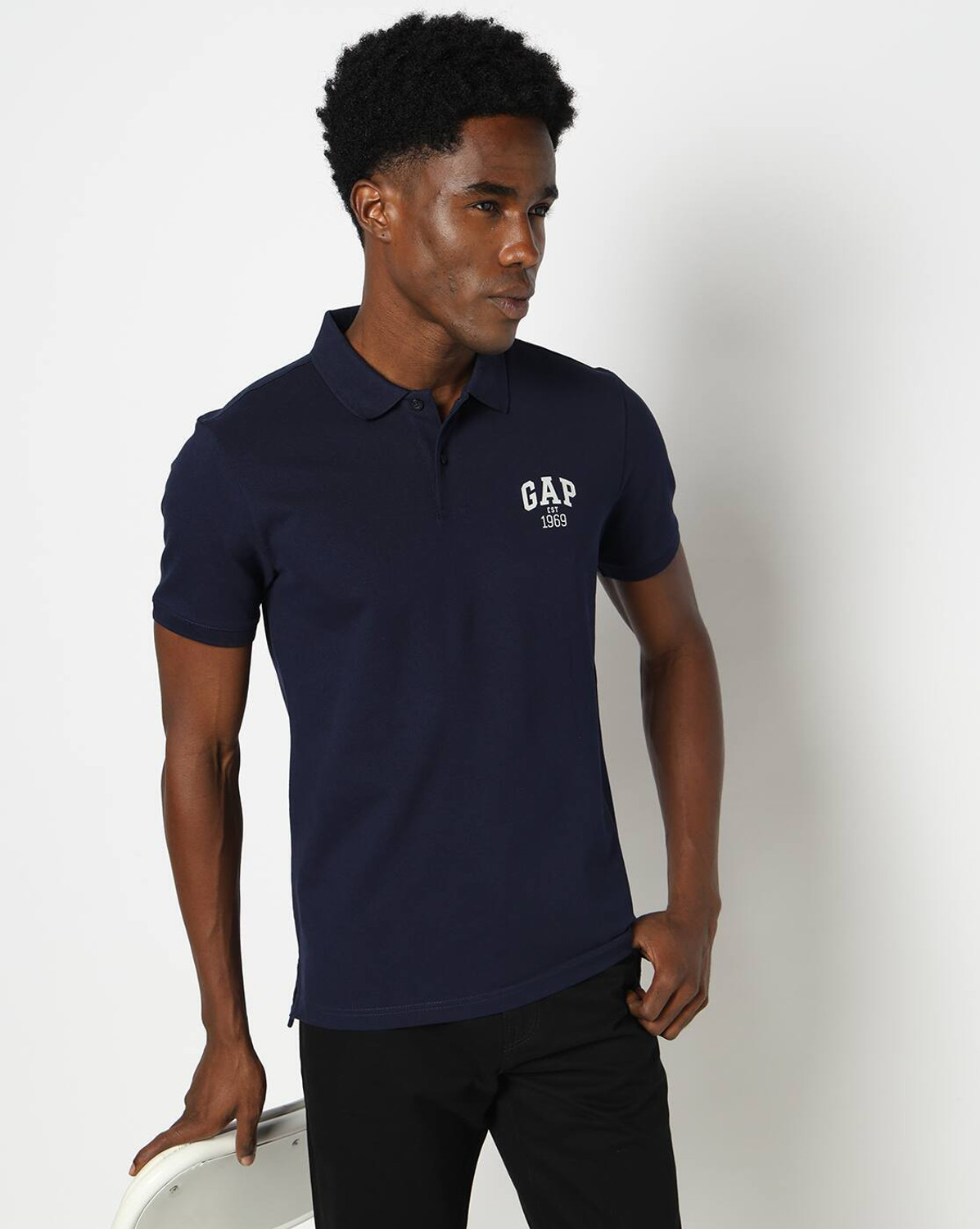 Image of GAP Men Printed Polo Neck Pure Cotton Navy Blue T-Shirt