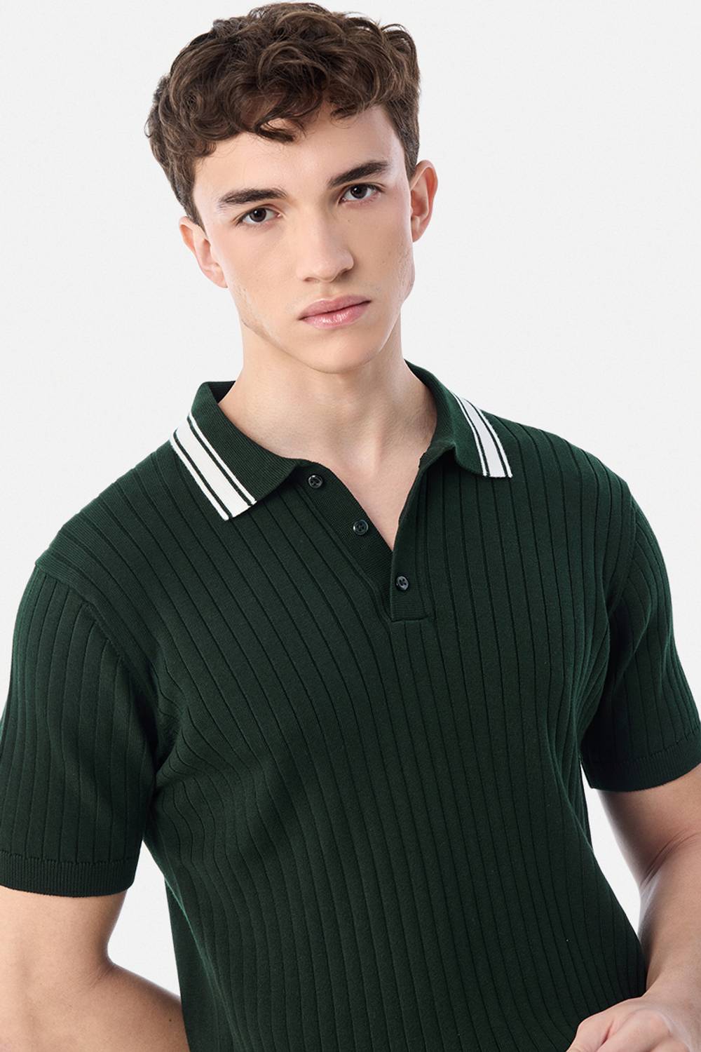 Men Solid Polo Neck Pure Cotton Green T-Shirt - Image 3