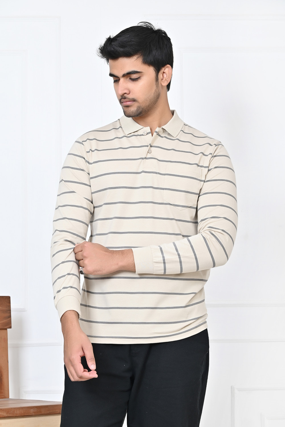 Image of Arbour Striped Men Polo Neck Beige T-Shirt