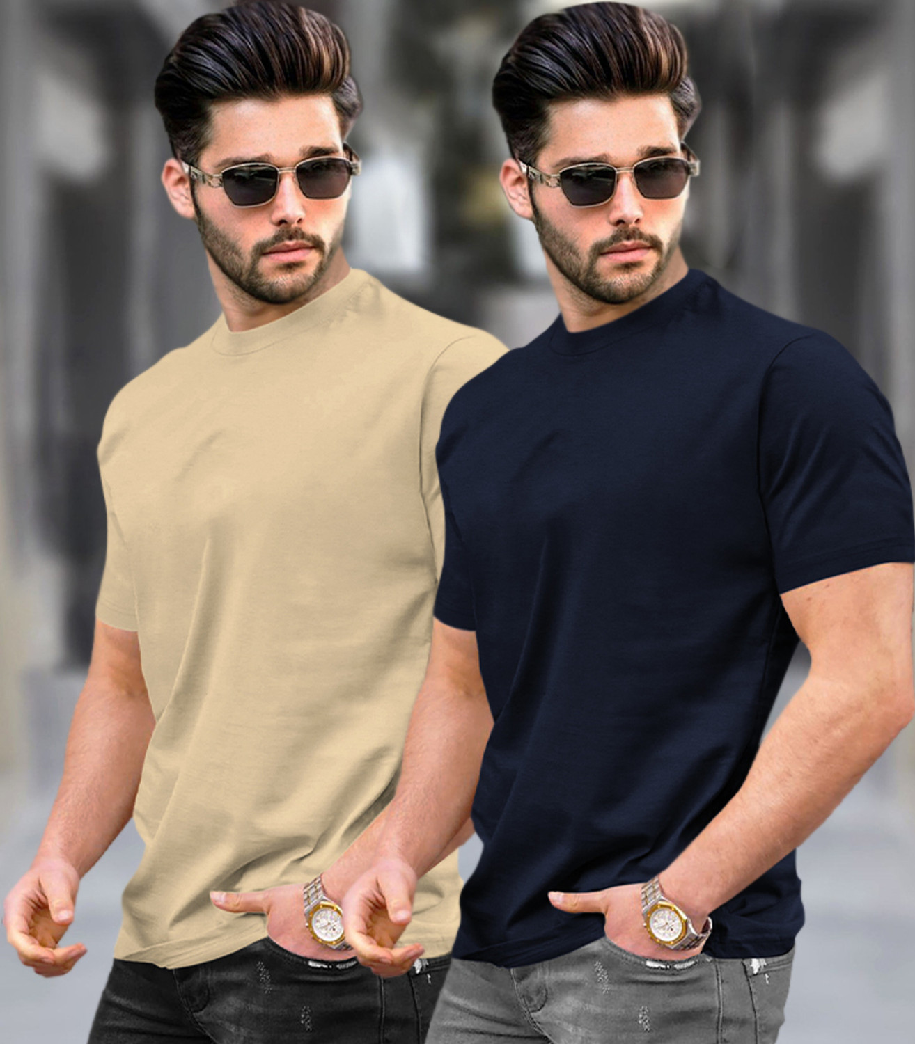 Image of TRIPR Solid Men Beige, Navy Blue T-Shirt
