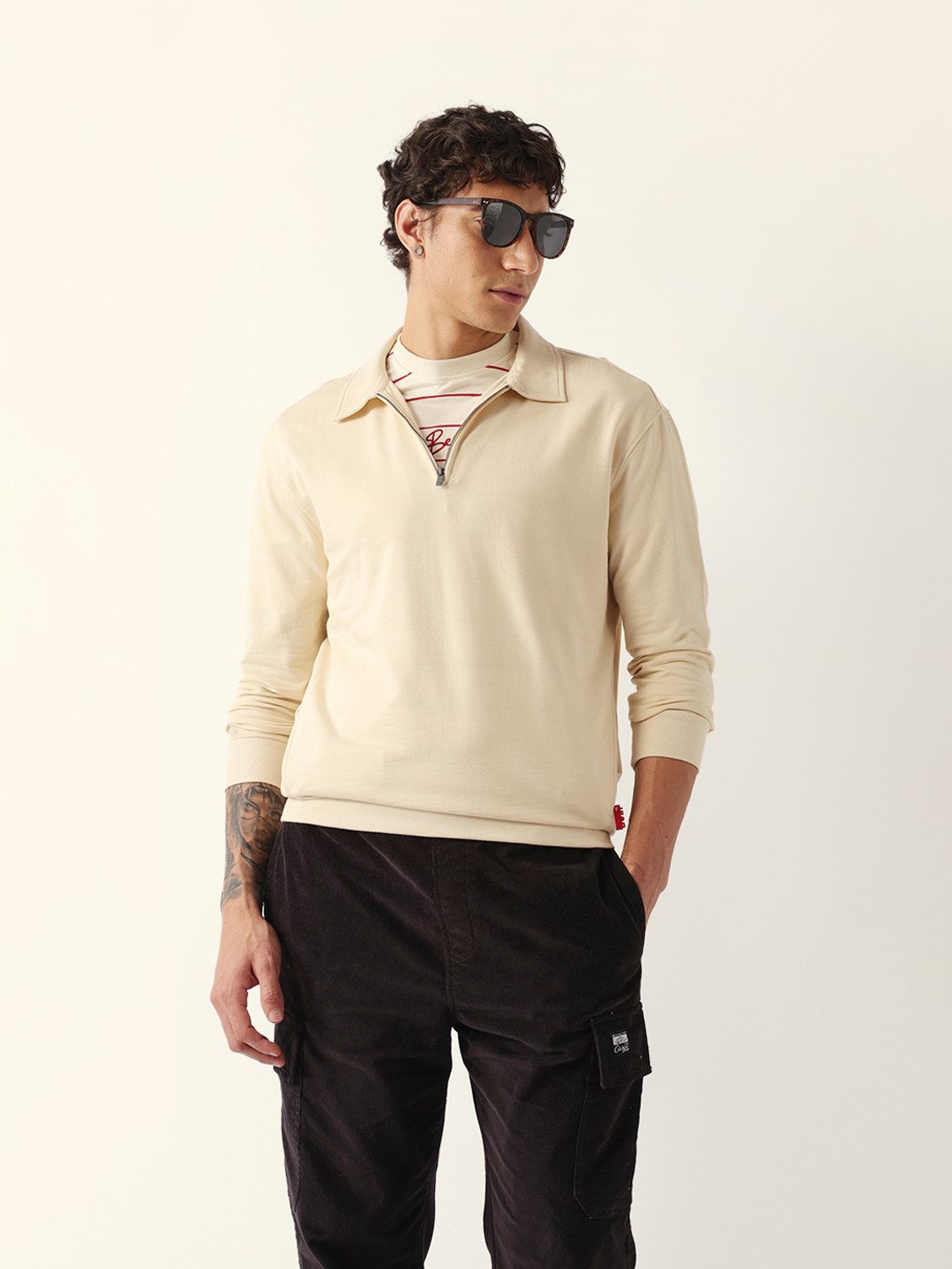 Image of THE BEAR HOUSE Solid Men Polo Neck Beige T-Shirt