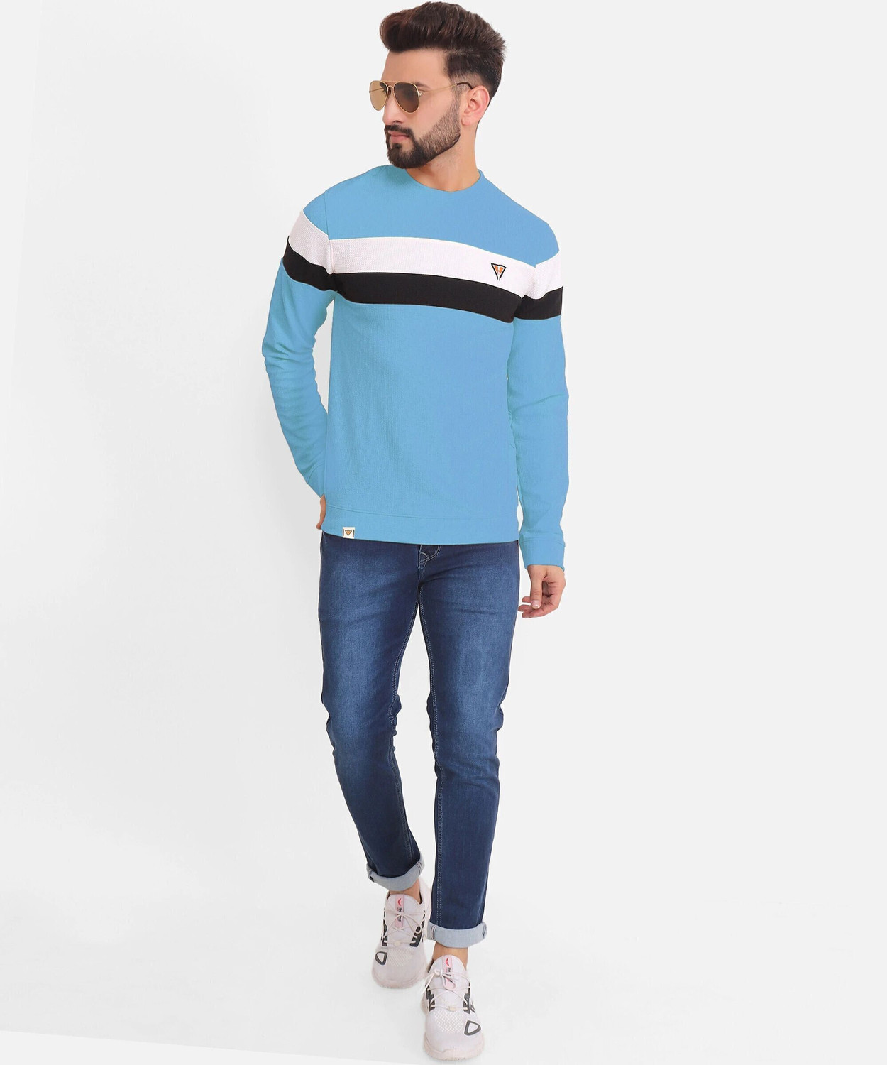 Image of HEXACRAFT Striped Men Round Neck Light Blue T-Shirt