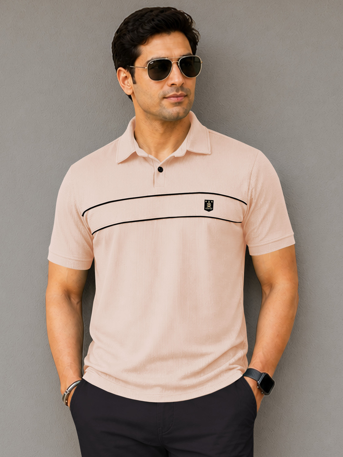 Image of VeBNoR Solid Men Polo Neck Beige T-Shirt