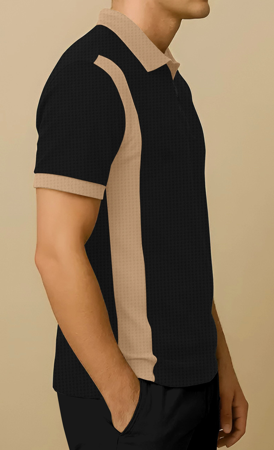 Image of KAJARU Self Design Men Zip Neck Beige, Black T-Shirt