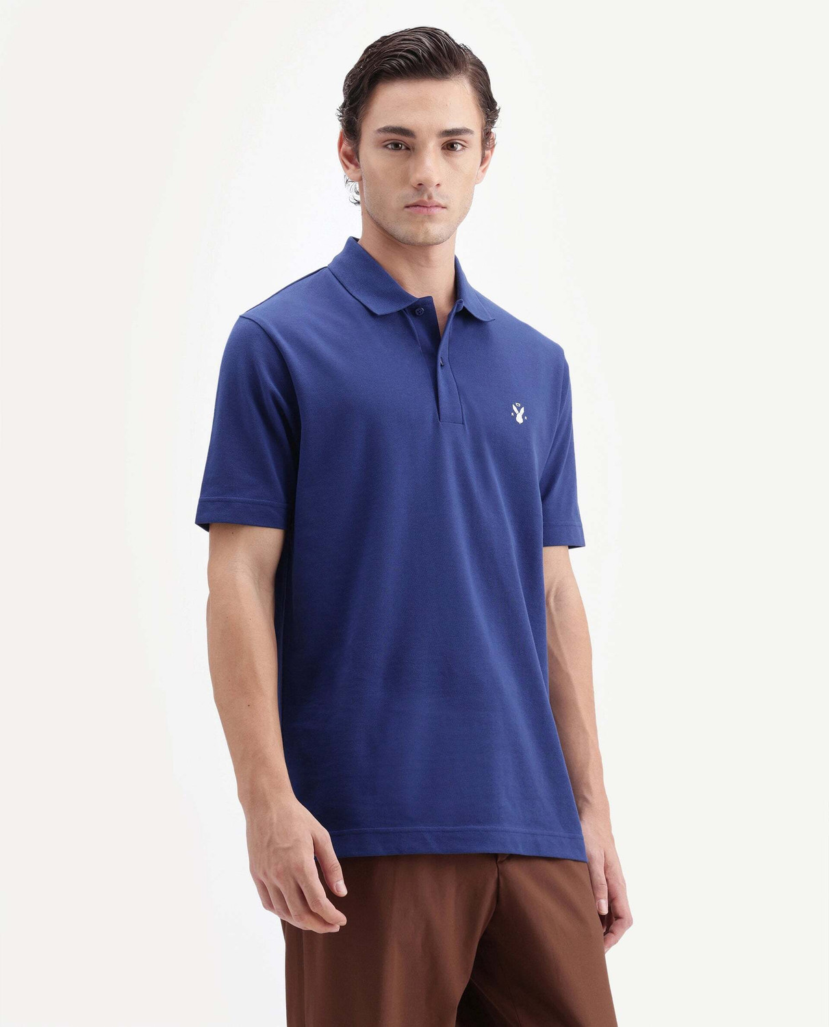 Image of RARE RABBIT Solid Men Polo Neck Blue T-Shirt