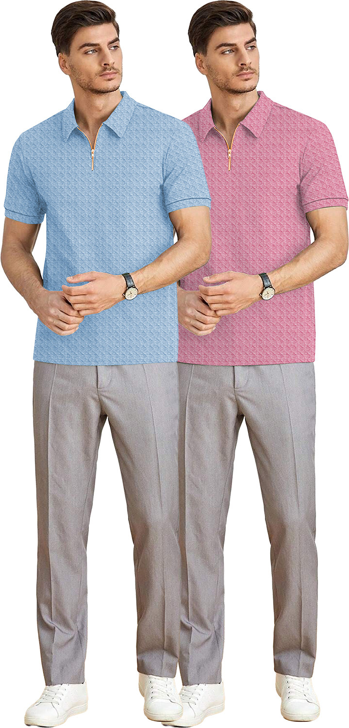 Image of KAJARU Self Design Men Zip Neck Pink, Light Blue T-Shirt