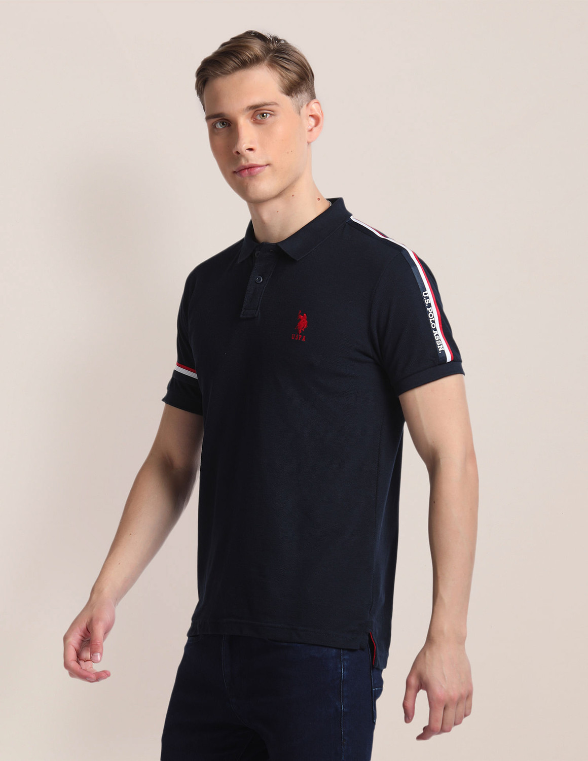 Image of U.S. POLO ASSN. Solid Men Polo Neck Blue T-Shirt
