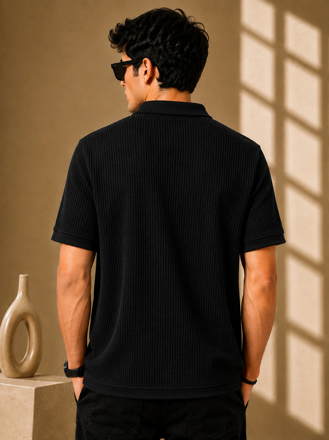 Image of Afelix Self Design Men Zip Neck Black T-Shirt