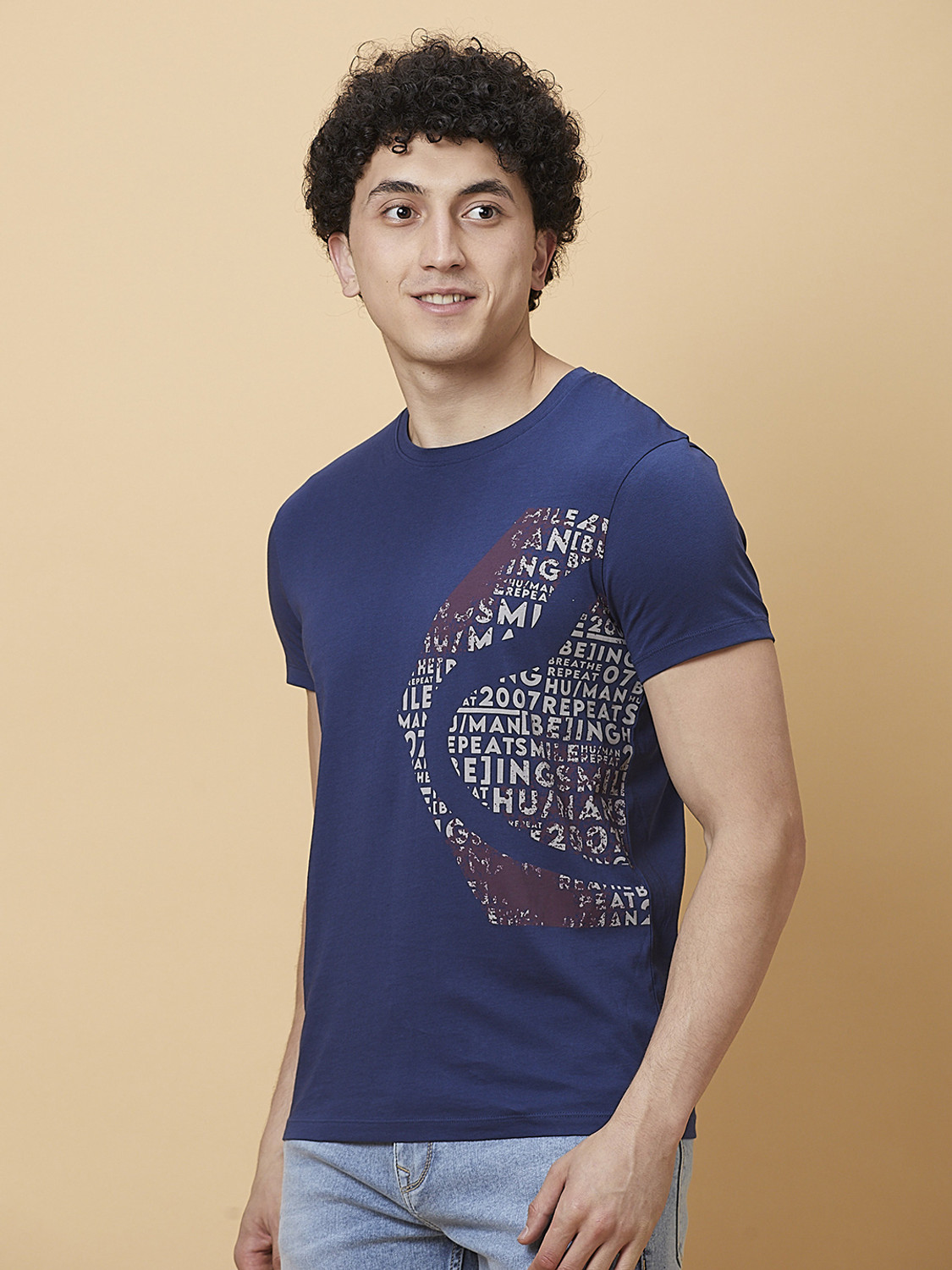 Image of BEING HUMAN Typography Men Crew Neck Dark Blue T-Shirt