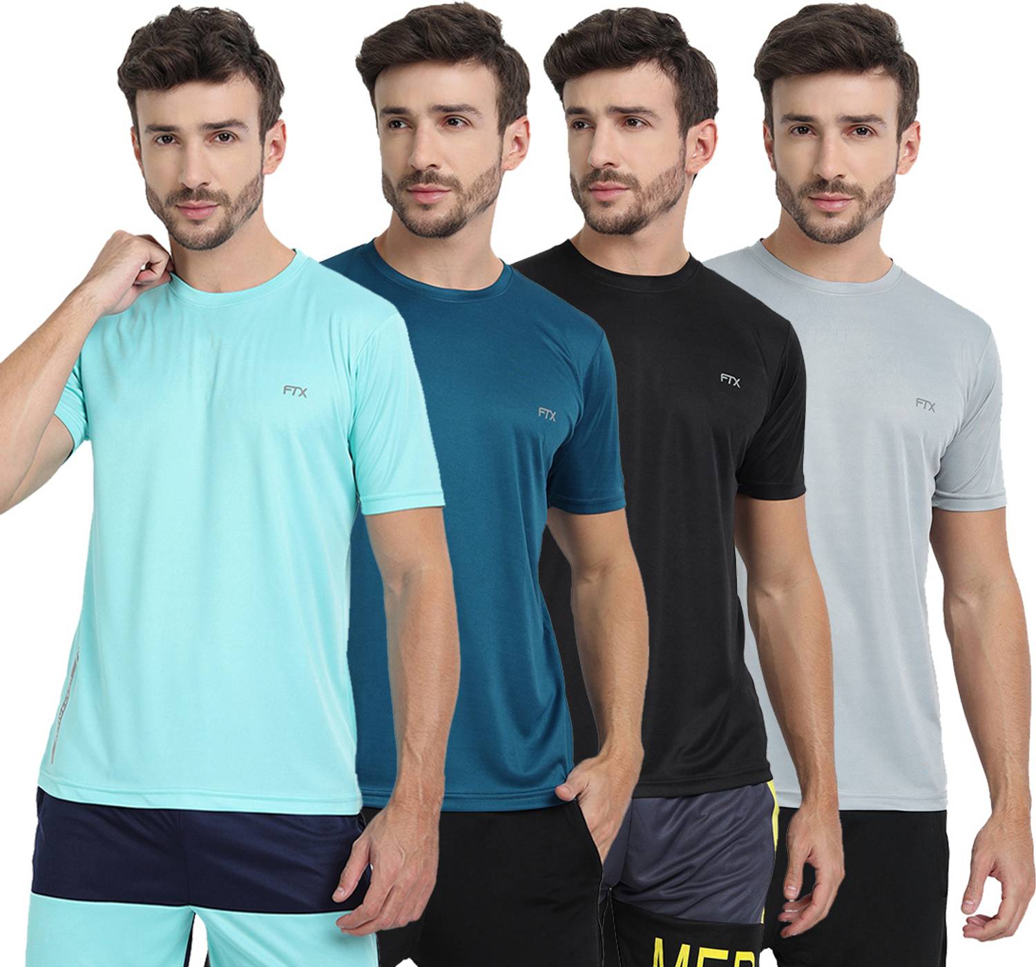 FTX Pack of 4 Men Solid Round Neck Polyester Silver, Light Blue,