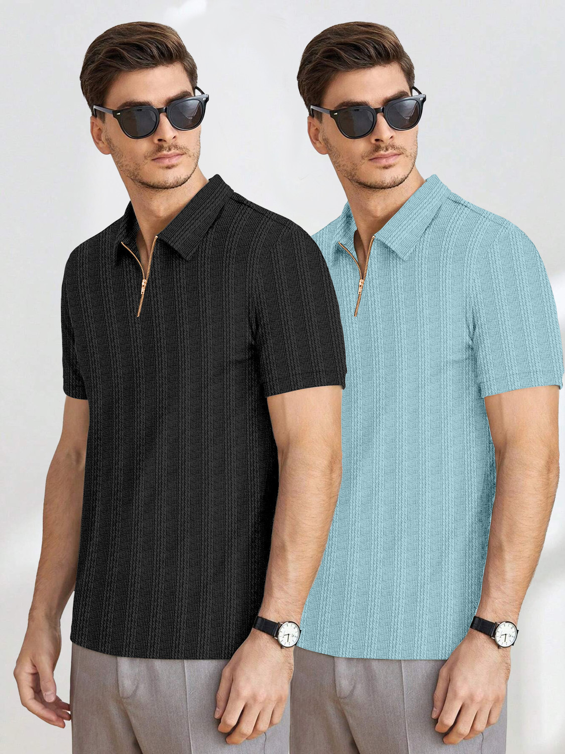 Image of COMBRAIDED Striped Men Zip Neck Black, White T-Shirt