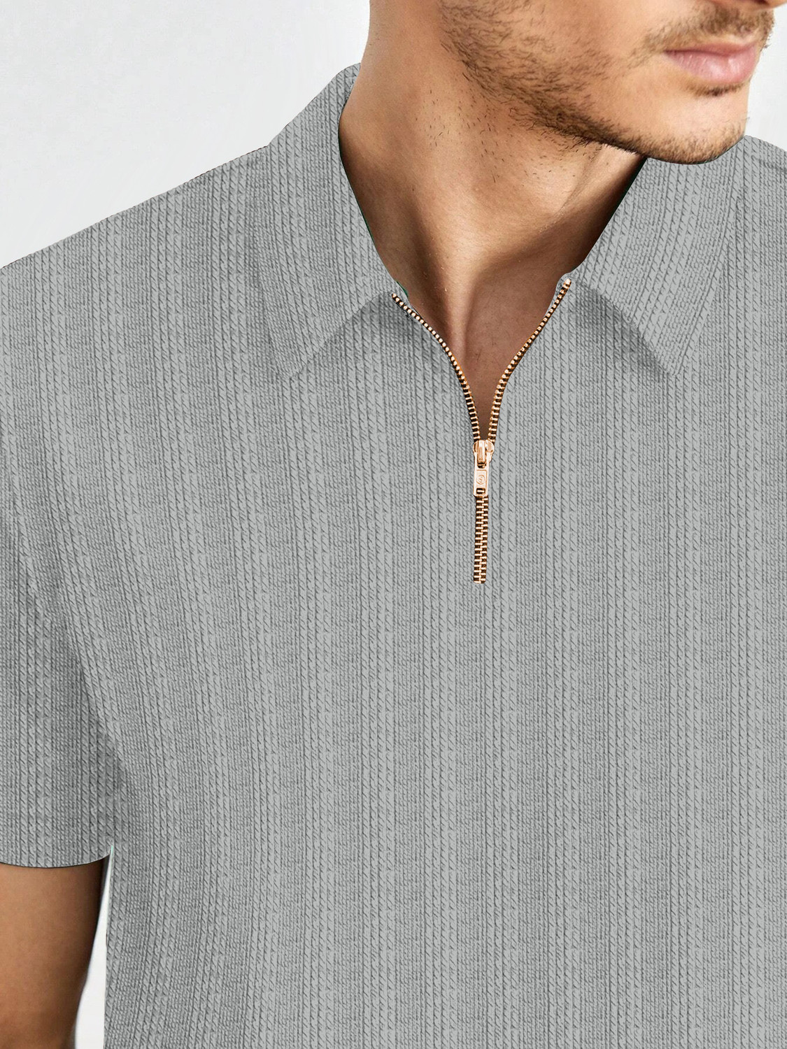 Image of COMBRAIDED Striped Men Zip Neck Grey T-Shirt