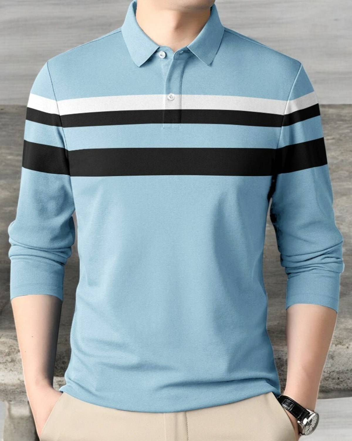 Highkind Men Striped Polo Neck Cotton Blend Dark Blue T-Shirt