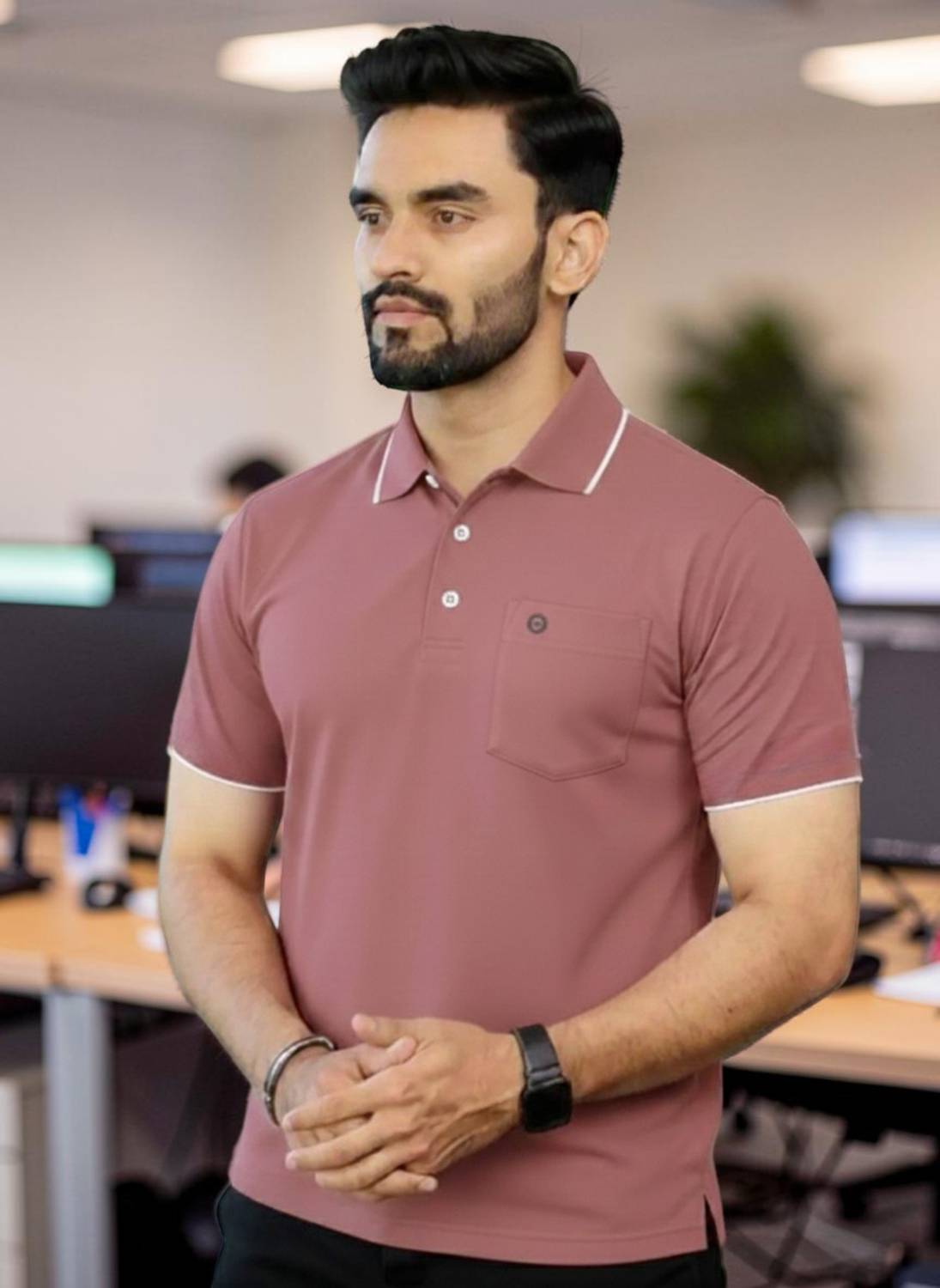 BRIGHTKRAFTS Solid Men Polo Neck Pink T-Shirt