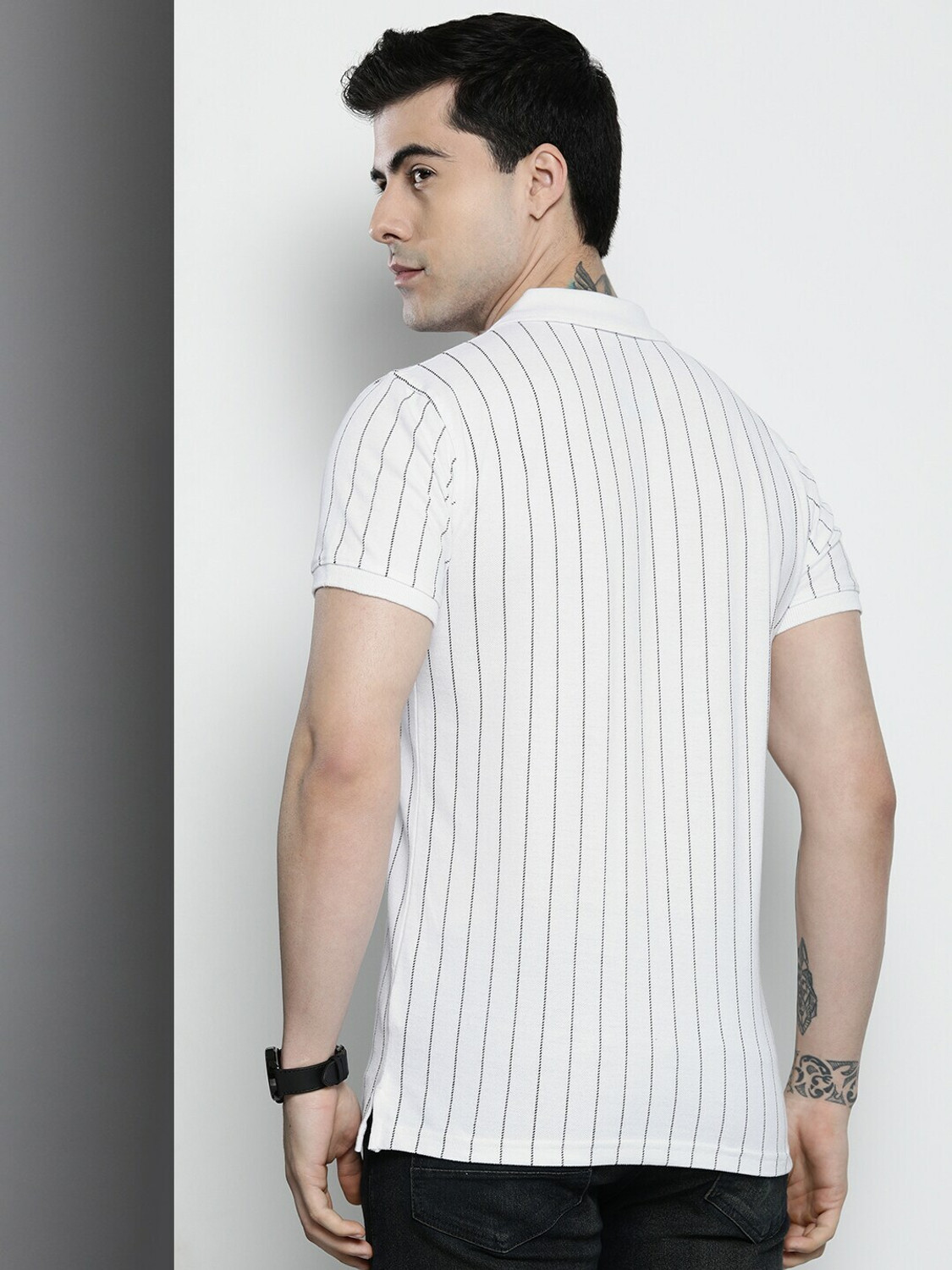 Image of The Indian Garage Co. Striped Men Polo Neck White T-Shirt