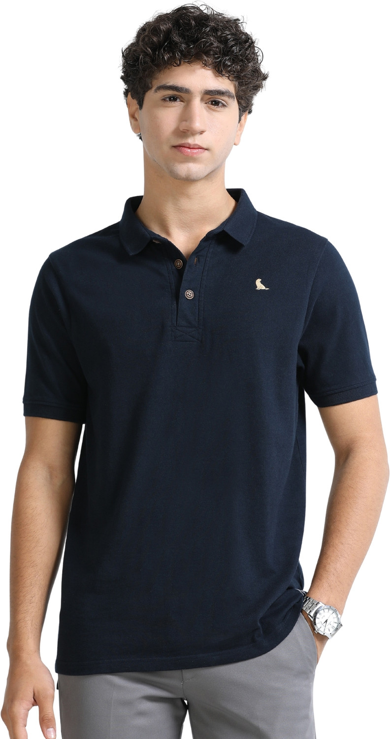 Image of estuna Solid Men Polo Neck Navy Blue T-Shirt