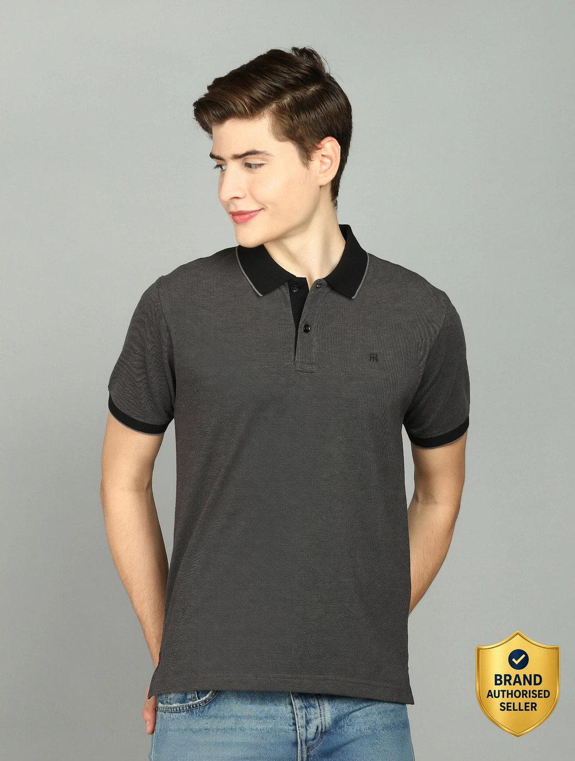Image of Raymond Self Design Men Polo Neck Black T-Shirt