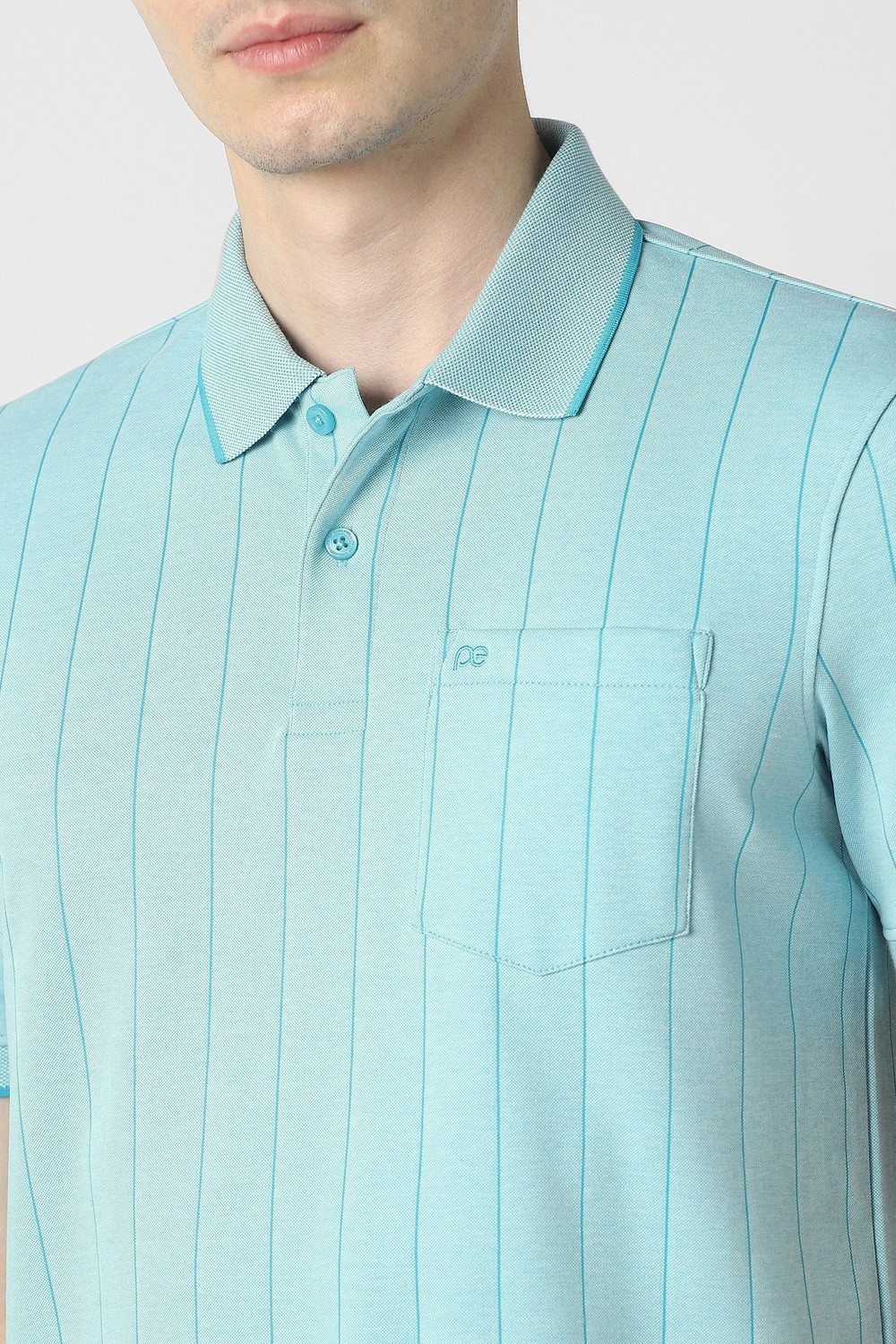 Image of PETER ENGLAND Men Striped, Self Design Polo Neck Polycotton Light Blue T-Shirt