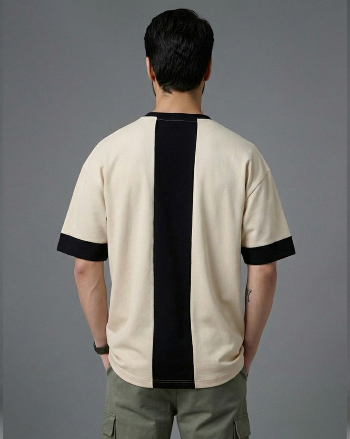 Image of METRONAUT Colorblock Men Round Neck Beige, Black T-Shirt