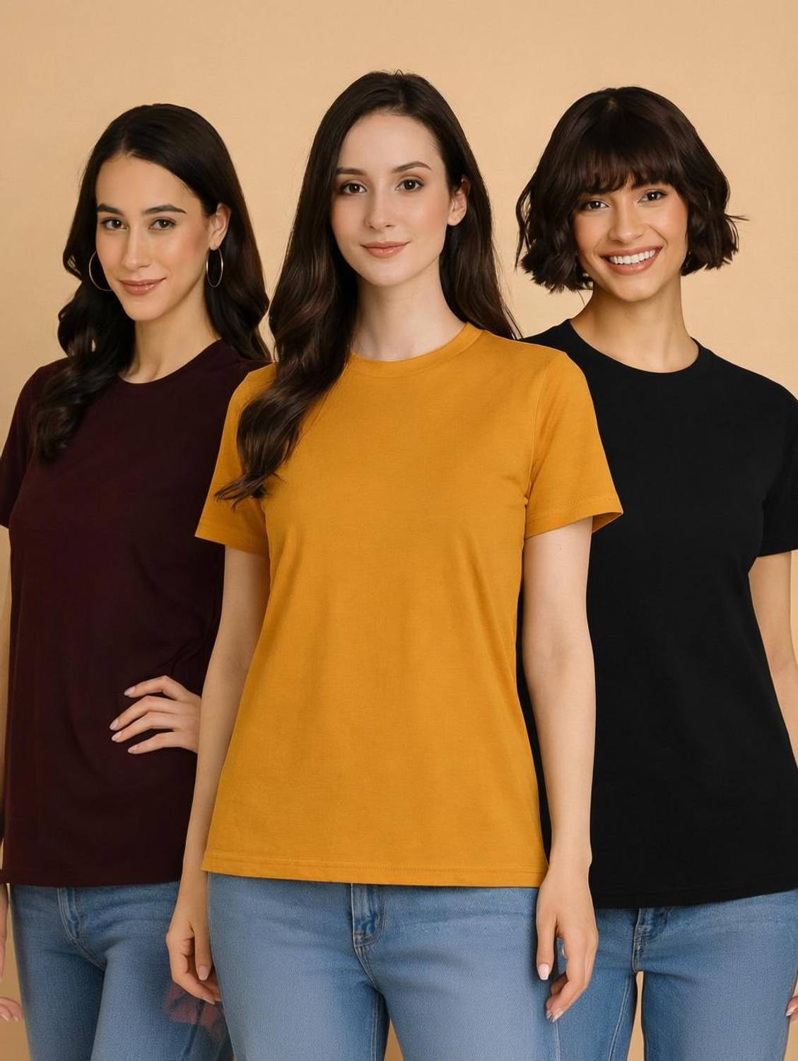 Adyavastram Solid Women Round Neck Multicolor T-Shirt