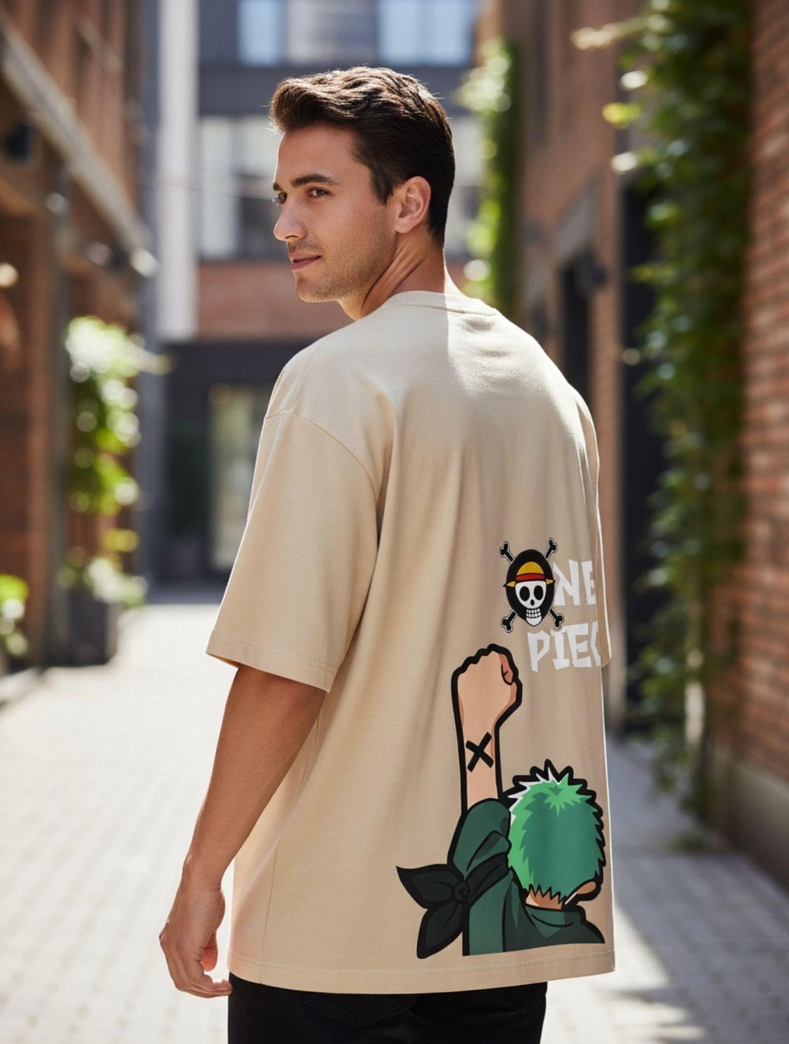 Image of FLYIND VOGUE OUTFIT Graphic Print Men Round Neck Beige T-Shirt