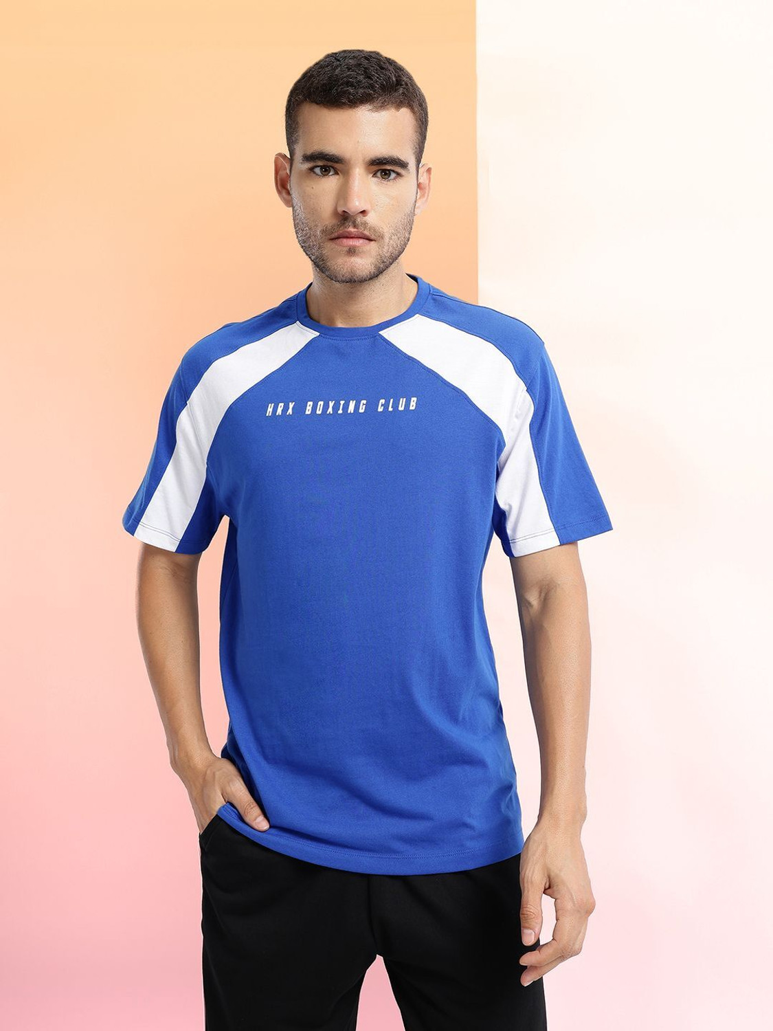 Image of HRX by Hrithik Roshan Striped Men Round Neck Blue T-Shirt