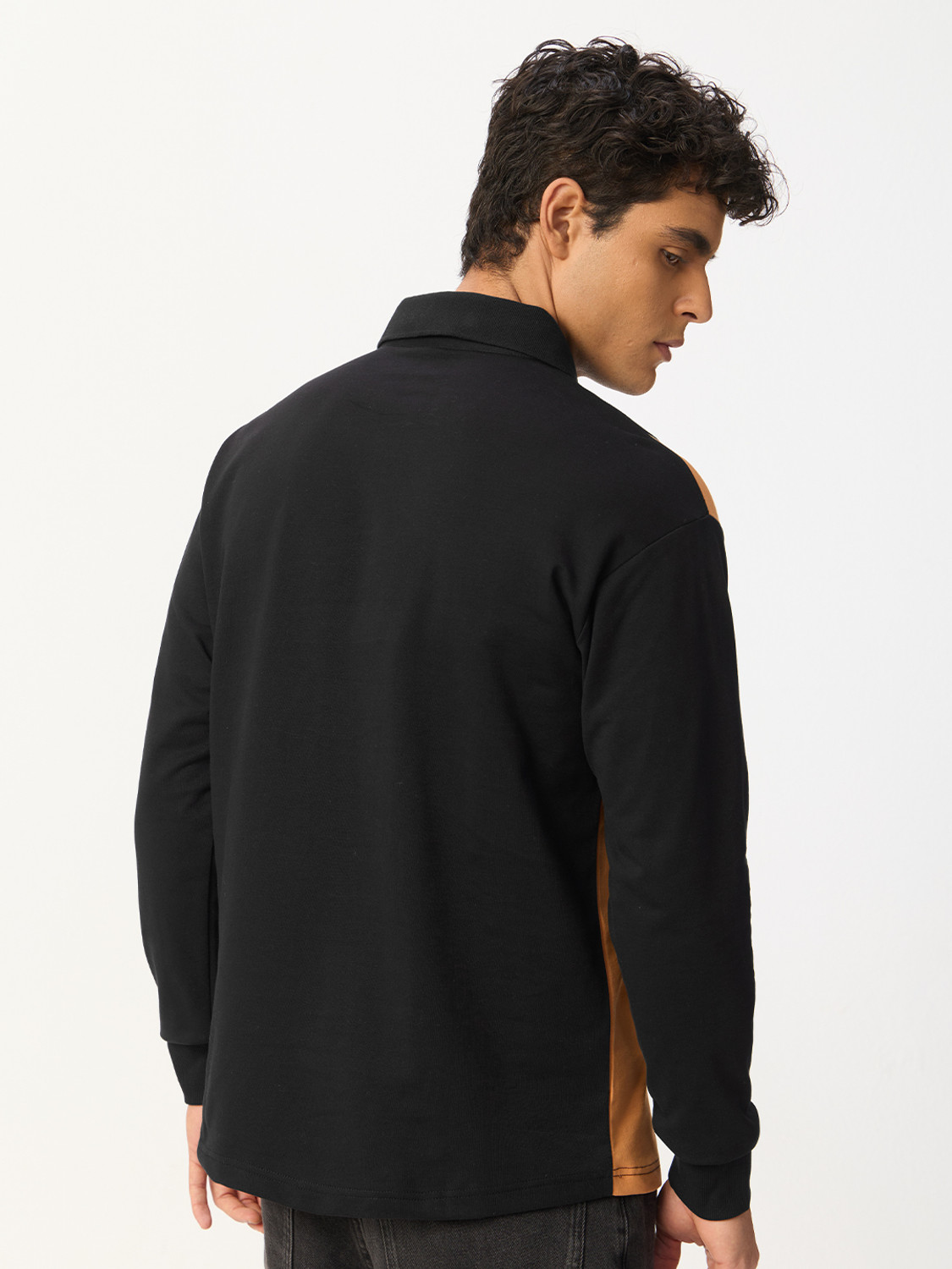 Image of The Souled Store Colorblock Men Polo Neck Black T-Shirt