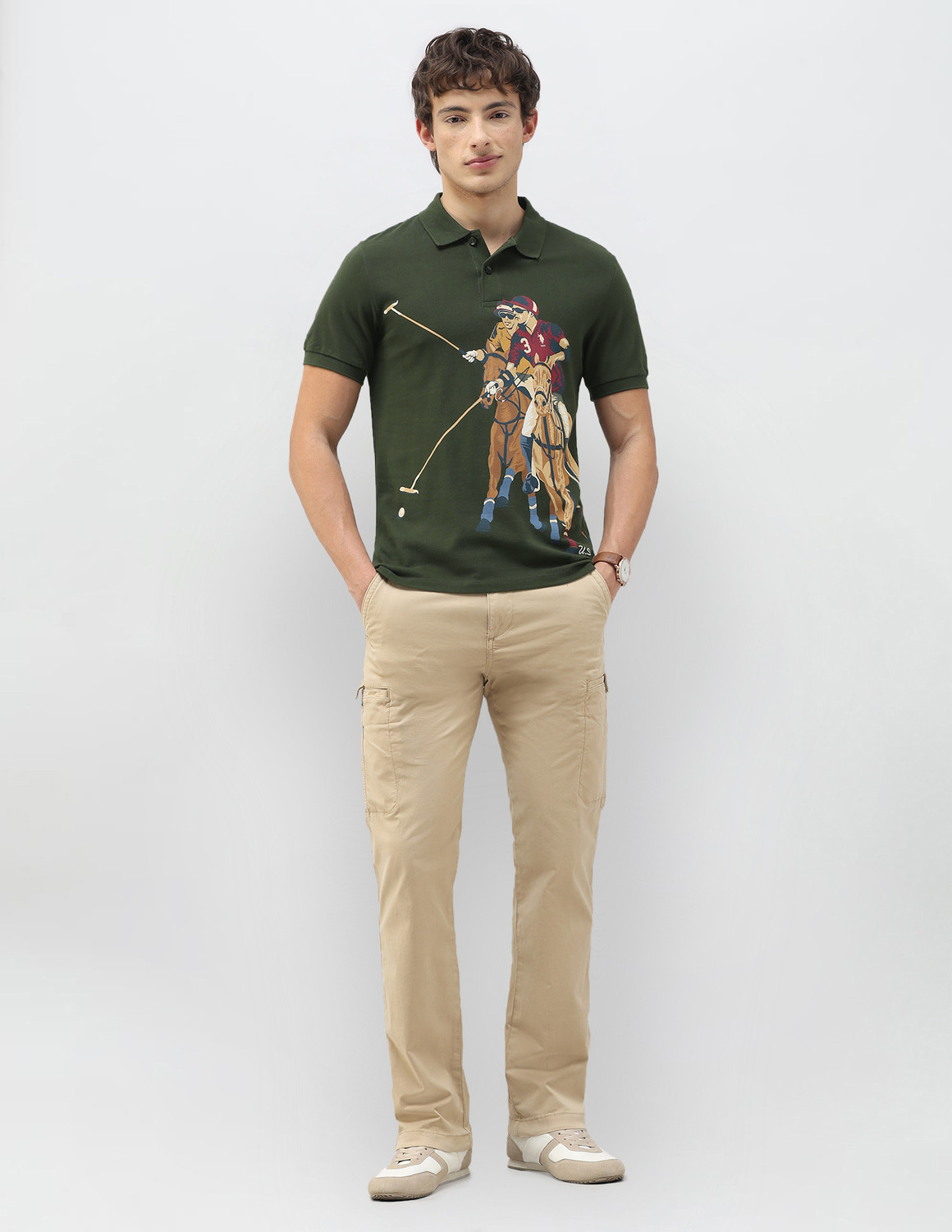 Image of U.S. Polo Assn. Denim Co. Men Graphic Print Polo Neck Pure Cotton Green T-Shirt