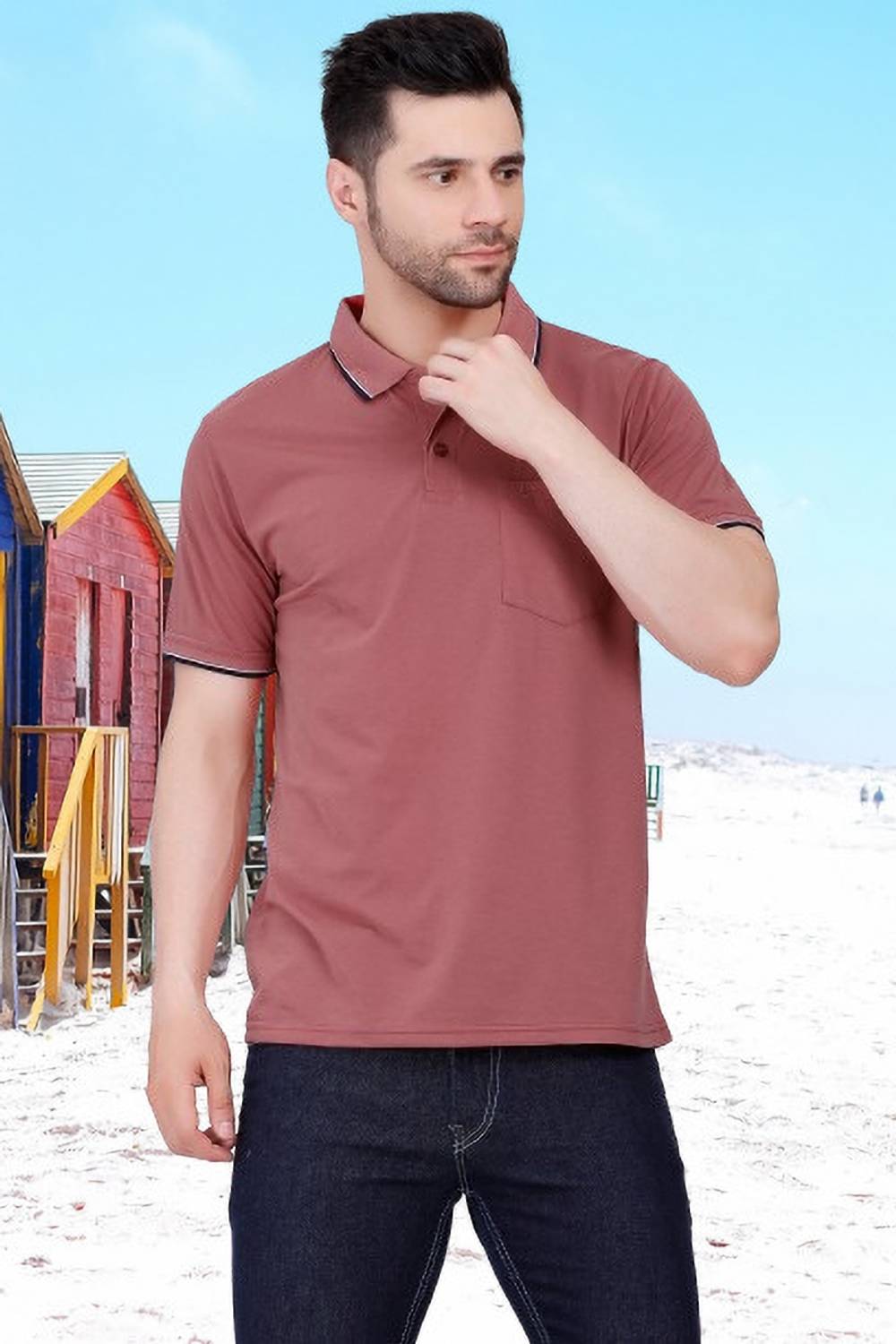 ARRAY Solid Men Polo Neck Pink T-Shirt