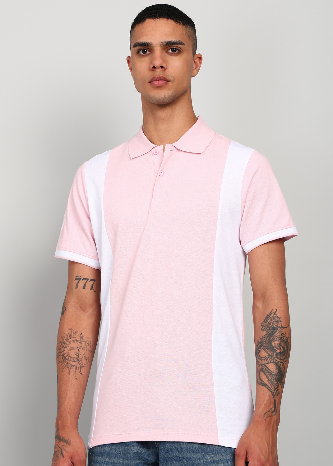 Image of KILLER Colorblock Men Polo Neck Pink T-Shirt
