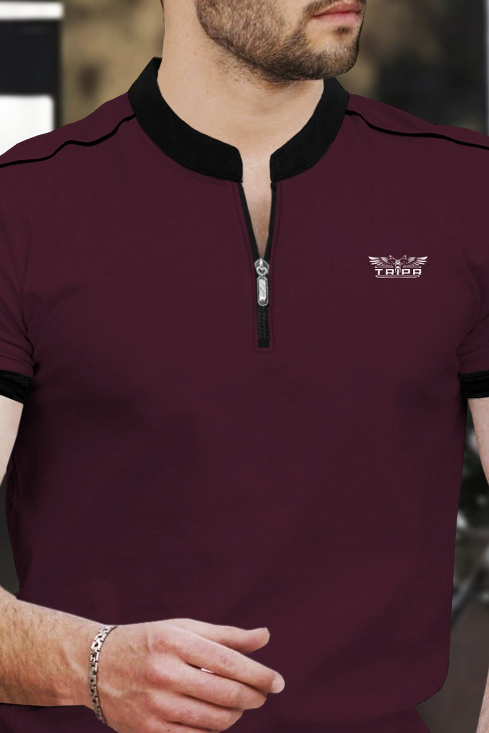 Image of TRIPR Solid Men Henley Neck Maroon, Black T-Shirt