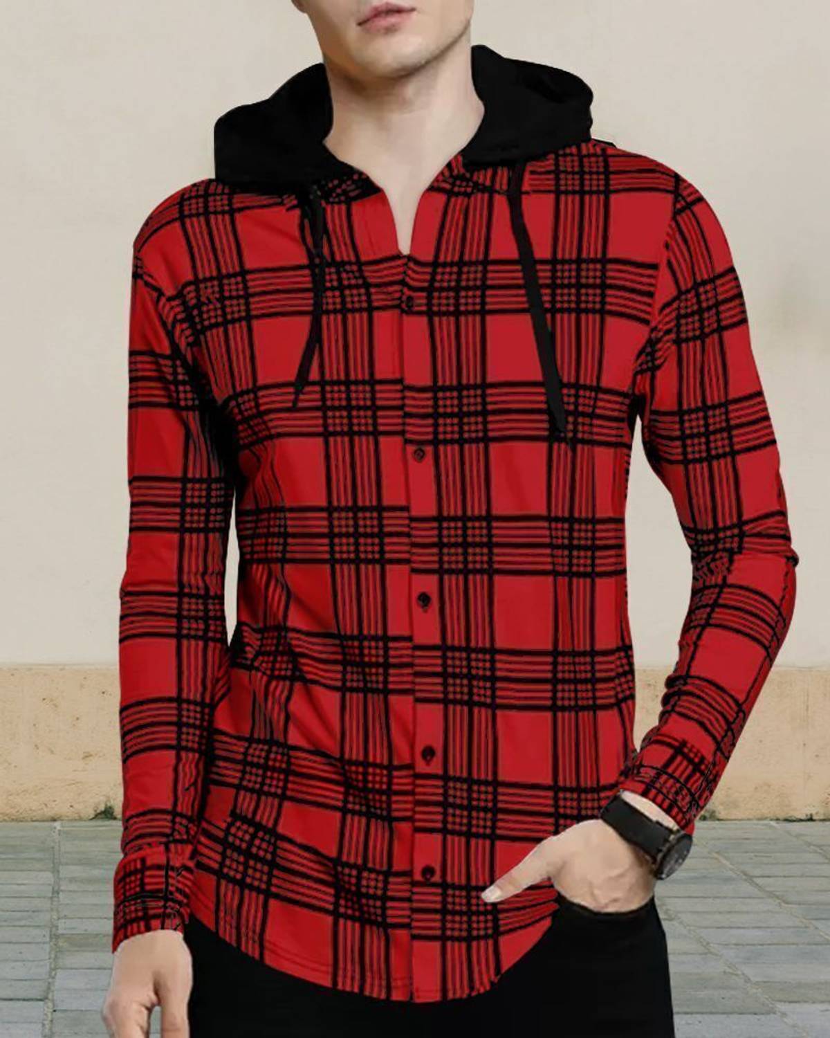 EyeBogler Men Colorblock Hooded Neck Cotton Blend Red T-Shirt