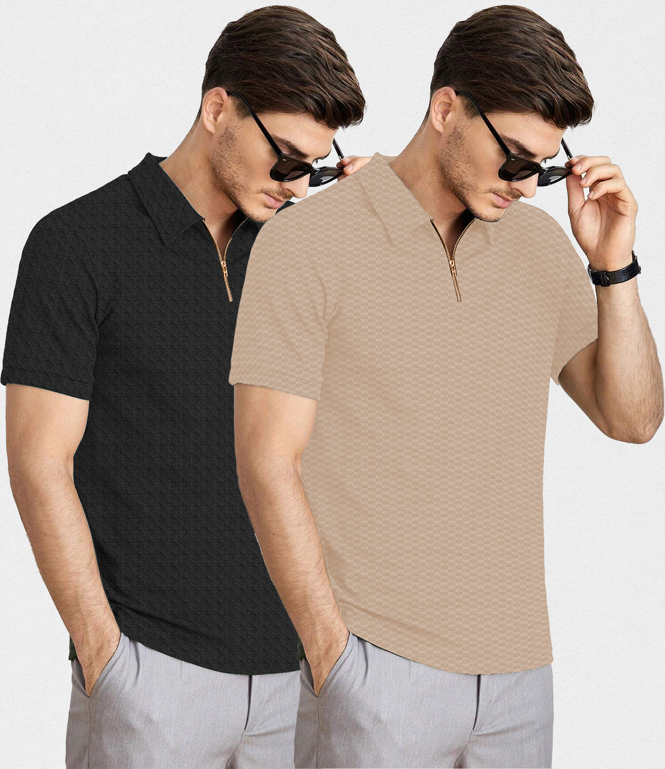 Image of KAJARU Self Design Men Zip Neck Black, Beige T-Shirt