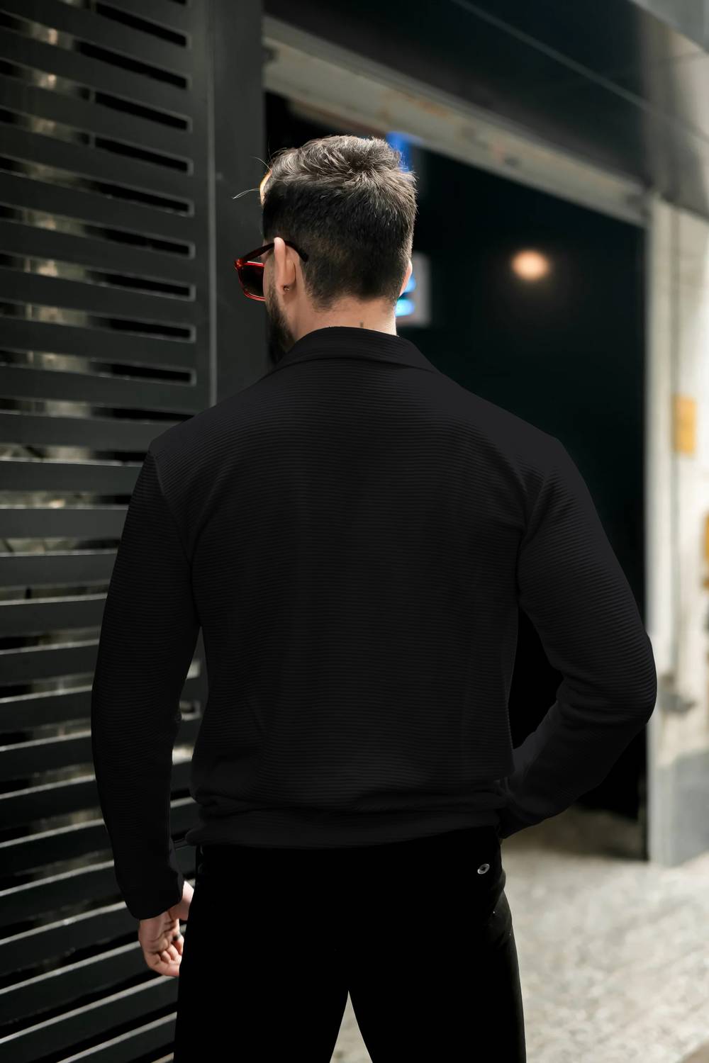 Men Self Design, Solid Polo Neck Cotton Blend Black T-Shirt - Image 2