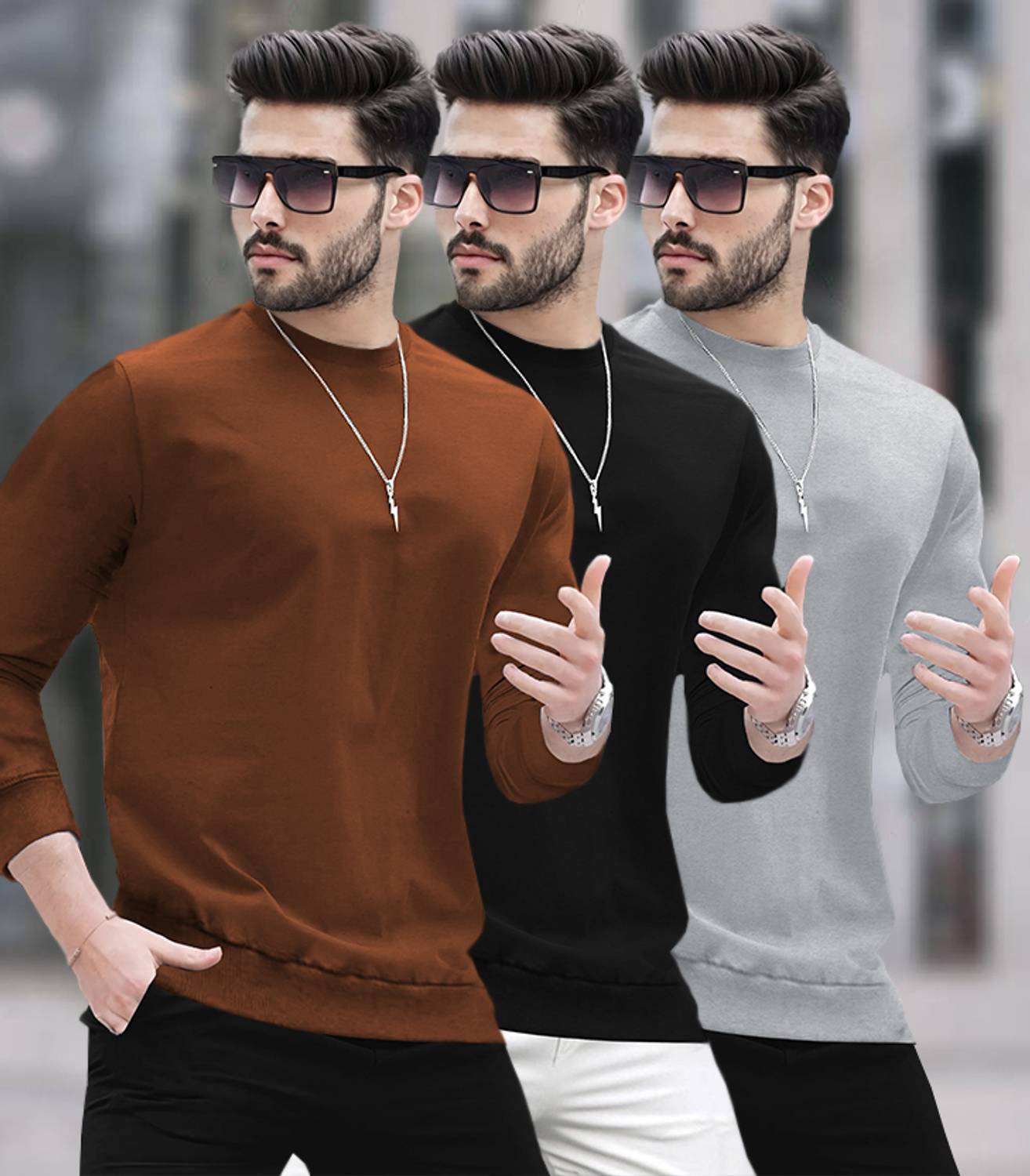BLIVE Pack of 3 Men Solid Round Neck Cotton Blend Multicolor T-Sh