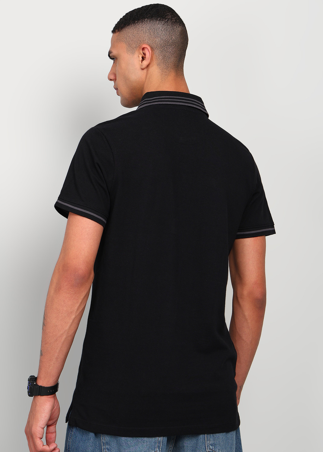 Image of KILLER Solid Men Polo Neck Black T-Shirt