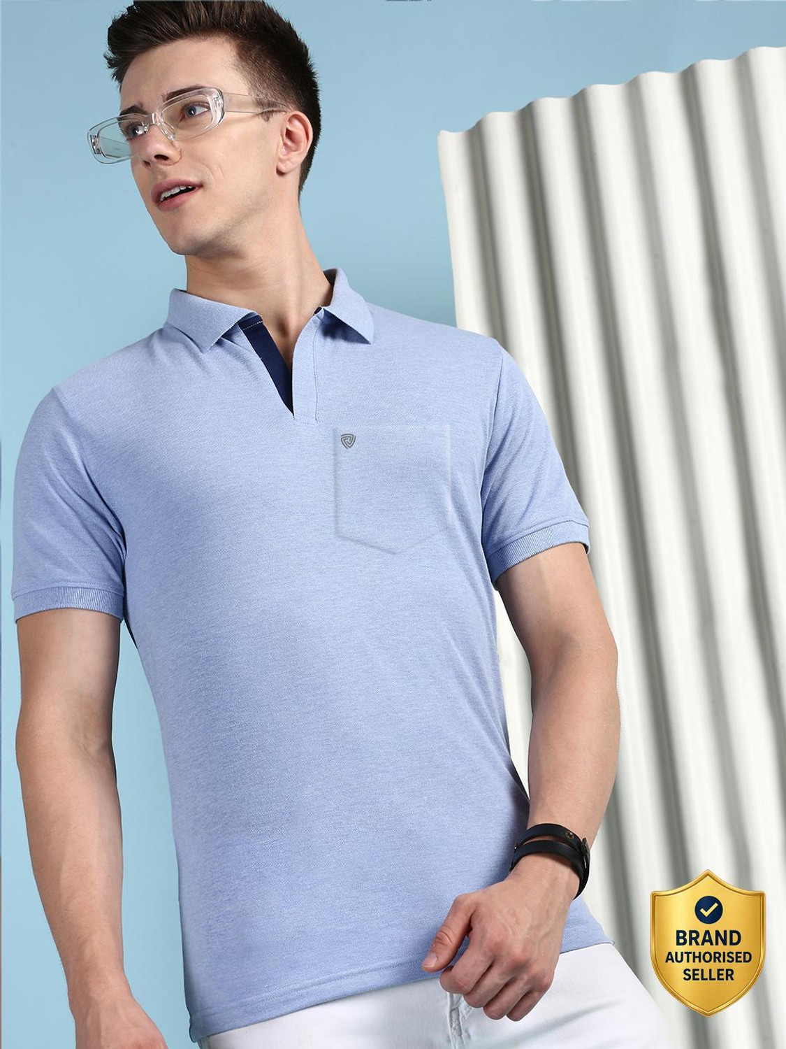 Image of LUX cozi Solid Men Polo Neck Blue T-Shirt