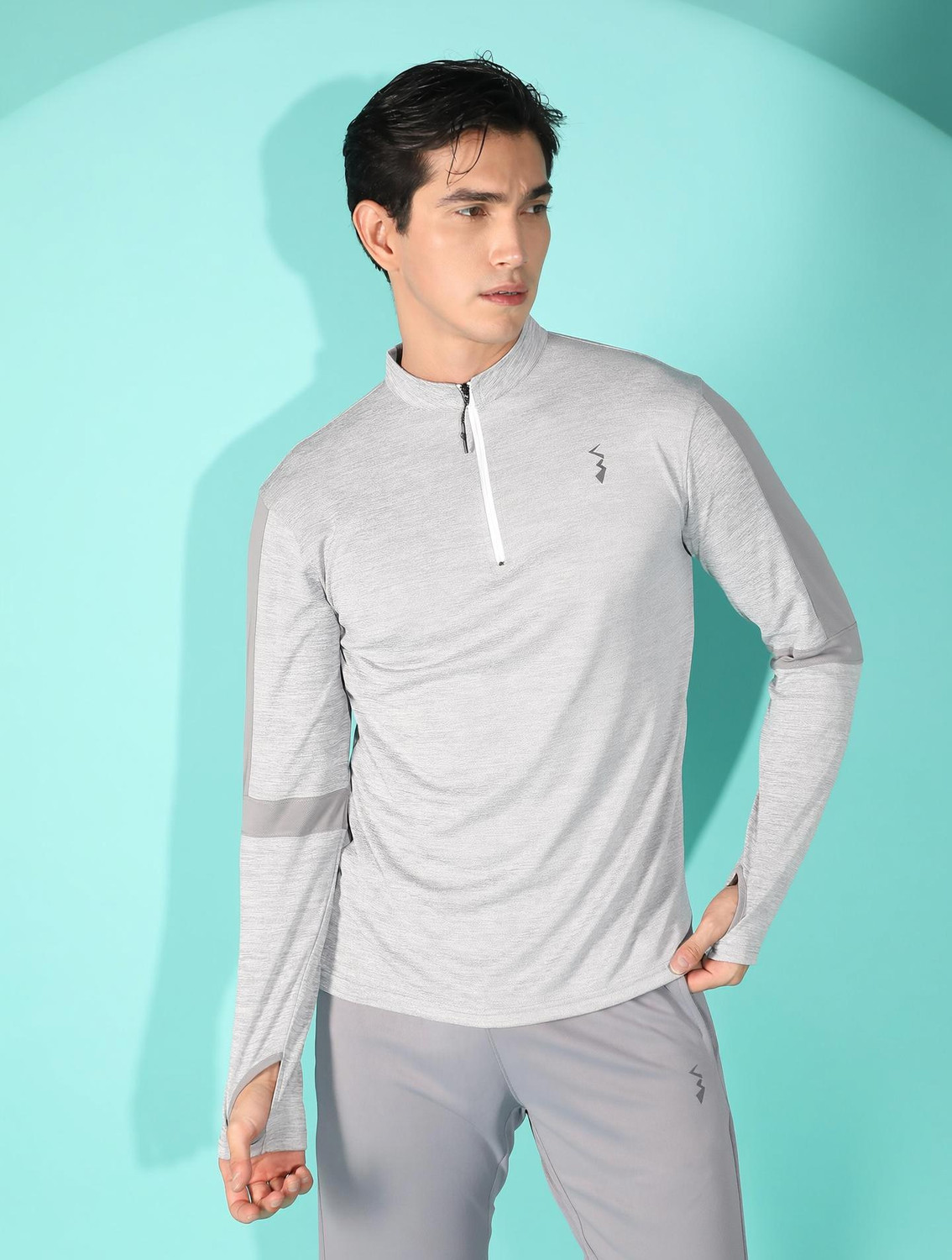 Image of CAHOOT Solid Men Mandarin Collar Grey T-Shirt