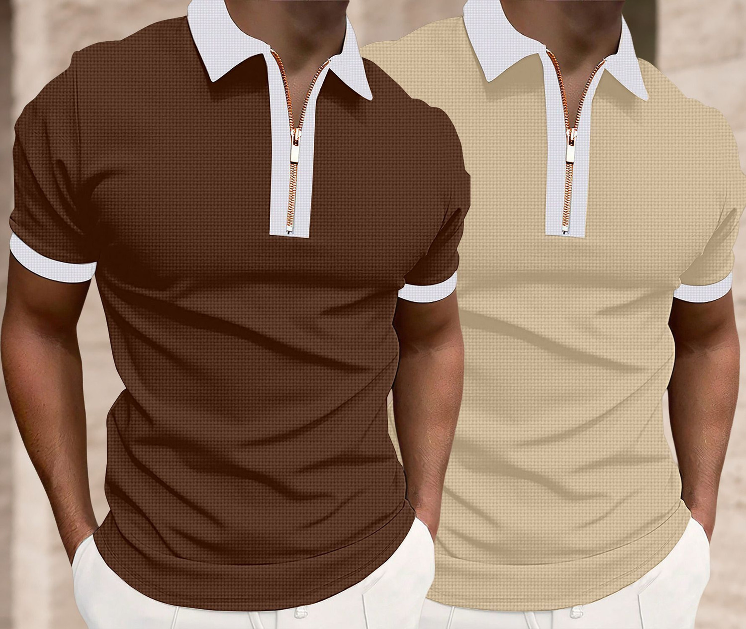 Image of GLOBAL NOMAD Self Design Men Zip Neck Brown, Beige T-Shirt