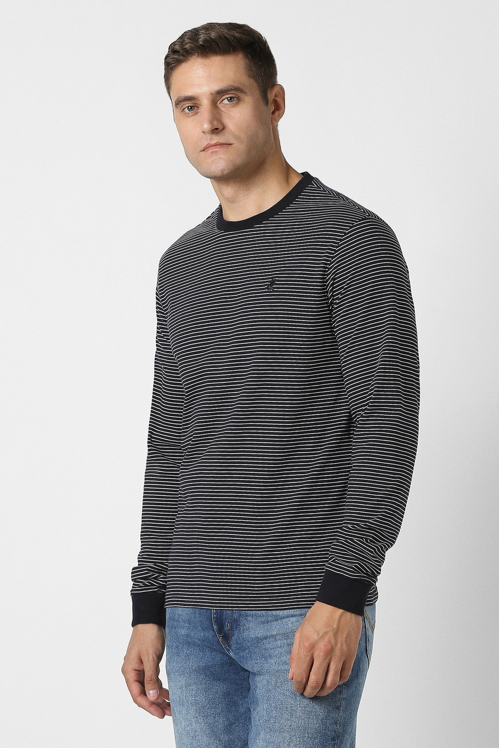 Image of PETER ENGLAND Striped Men Crew Neck Black T-Shirt