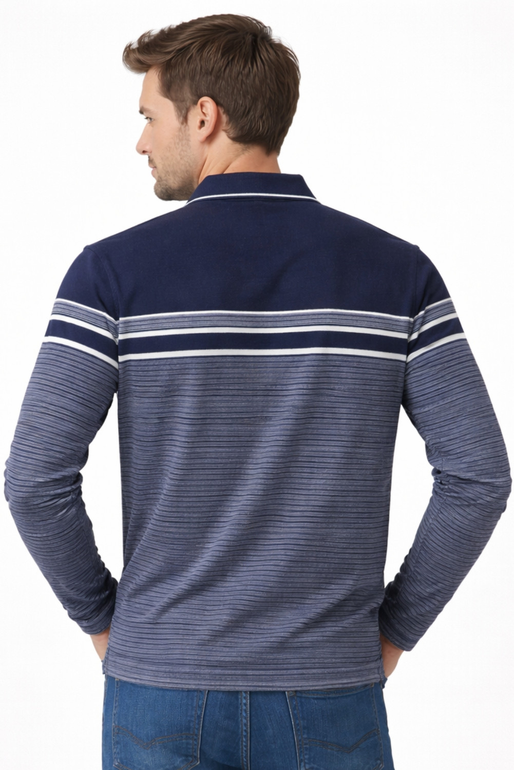 Image of SANE ORIGINALS Striped Men Polo Neck Navy Blue, Light Blue T-Shirt